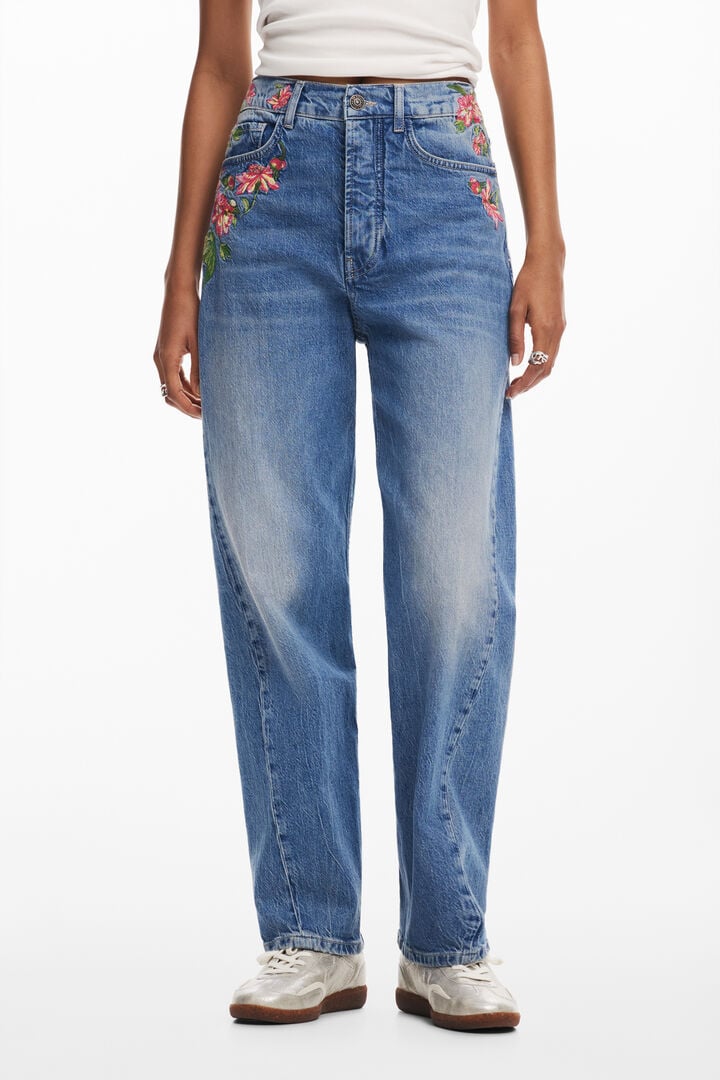 Long denim pants with flowers | Desigual