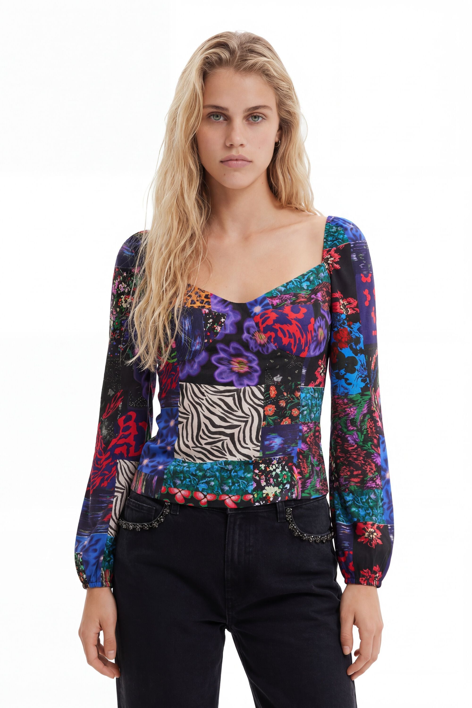 Desigual Mujer Negro Blouse Corset Patchwork, Viscose, Noir, S