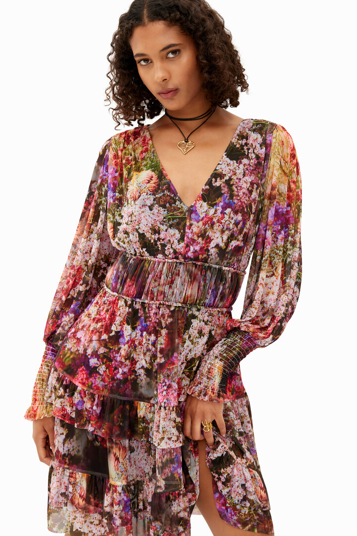 フリル袖の長袖ショートドレス、花柄プリント | Desigual