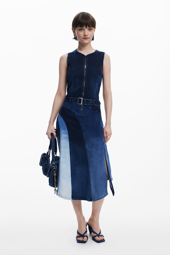 Denim midi dress with belt