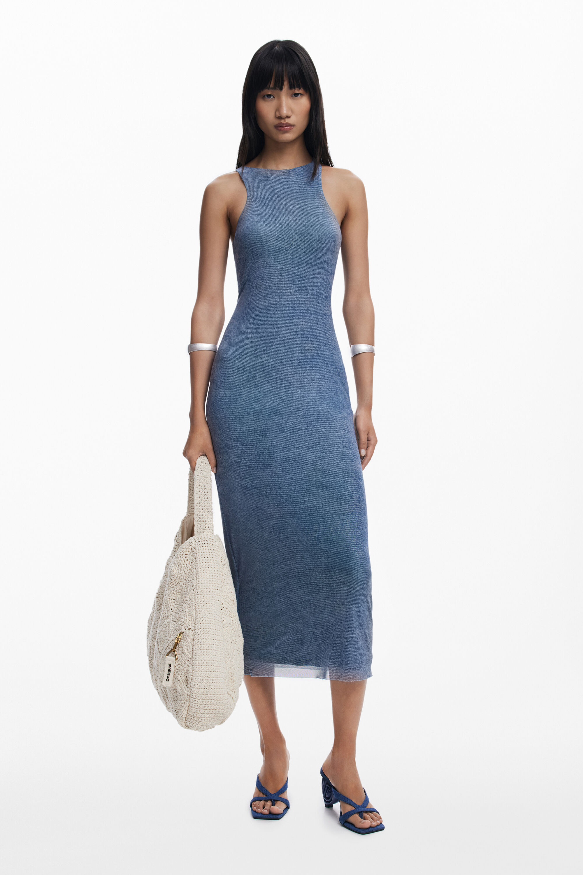 Desigual Knot Fitted Midi Dress In Blue
