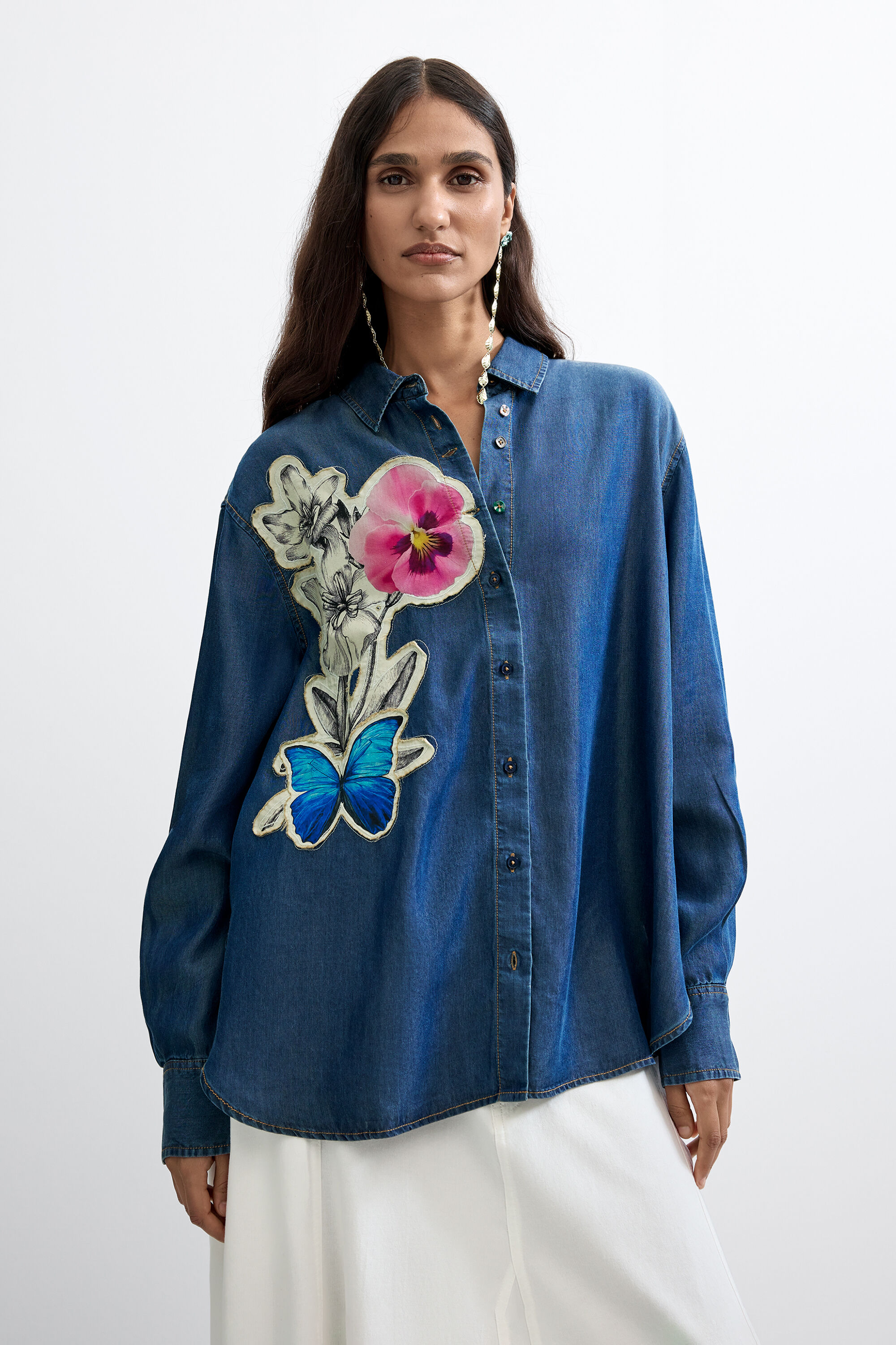 Desigual, Camisa Bordada Flores, Lyocell, Rojo