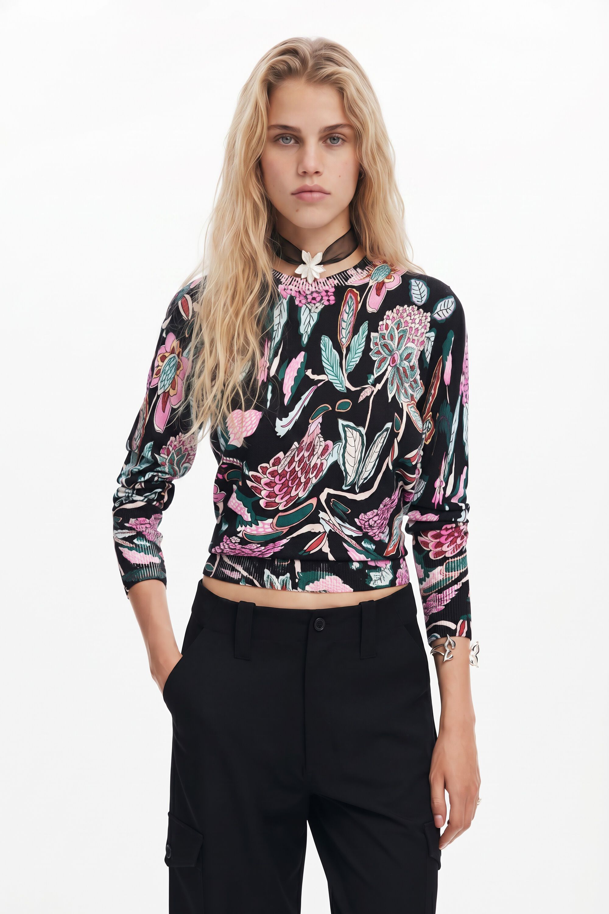 Desigual, Jersey de punto dibujos botánicos, Negro
