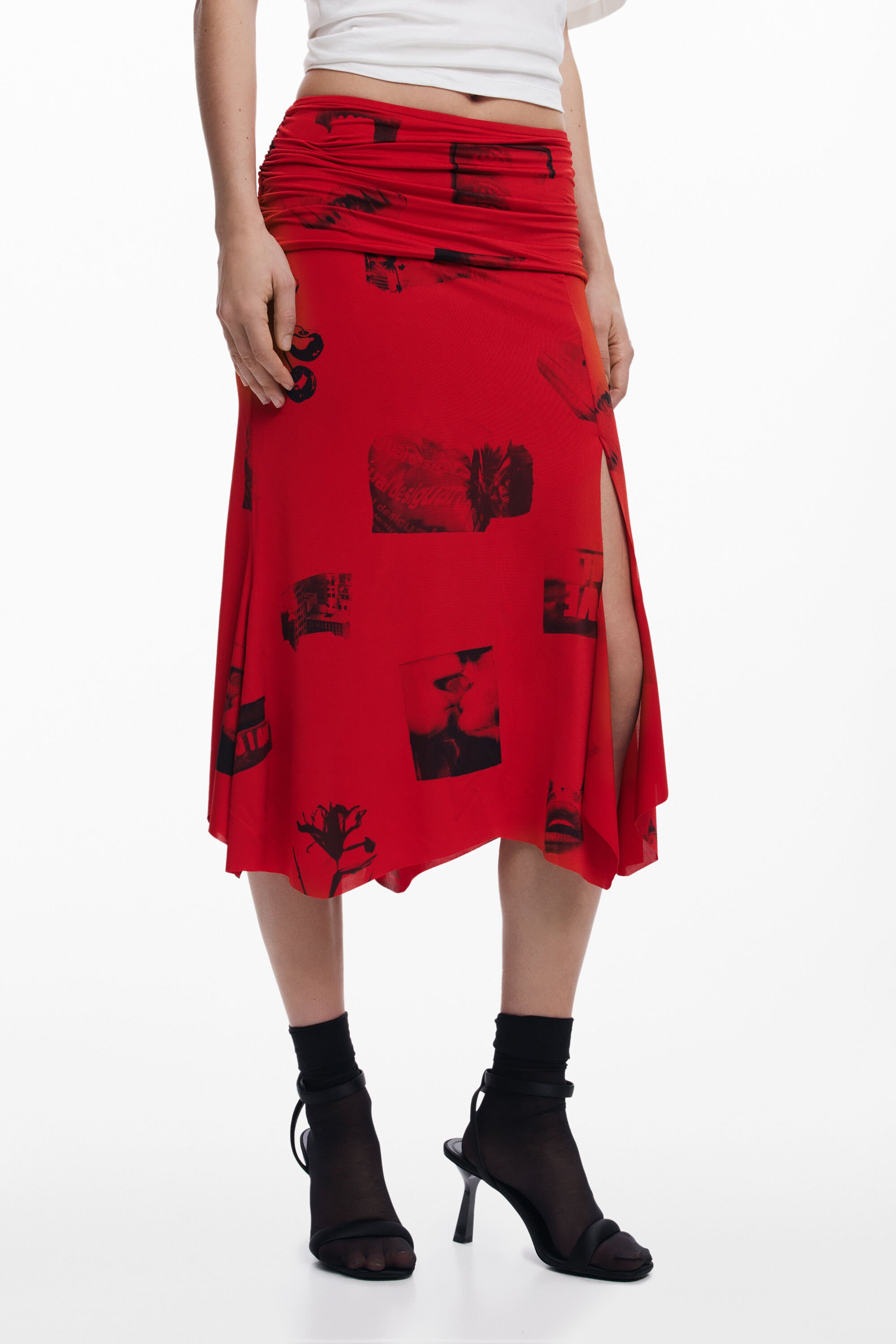 Desigual Collage Skirt With Turned Waist In Red