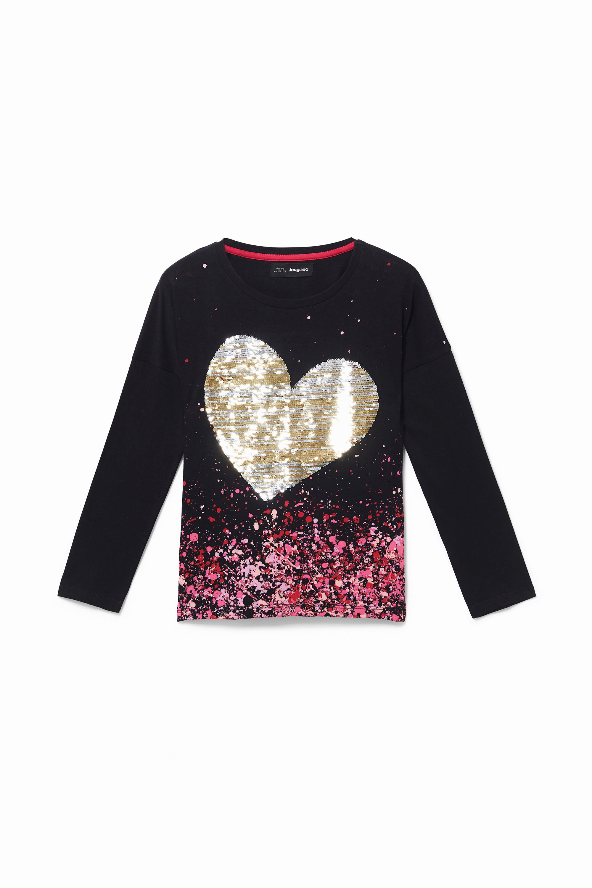 Camiseta corazón lentejuelas reversibles | Camiseta de manga larga con lentejuelas plateadas DESIGUAL