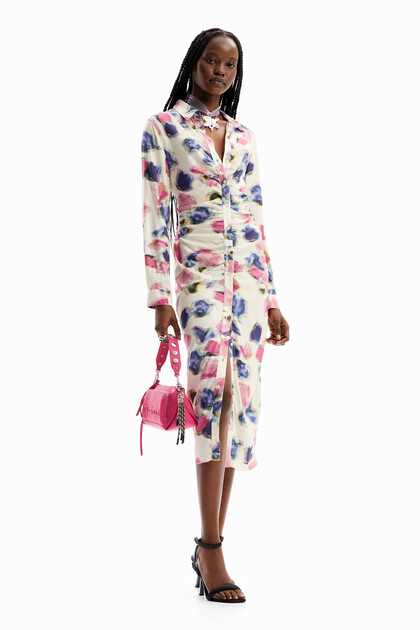 Gathered midi shirt dress