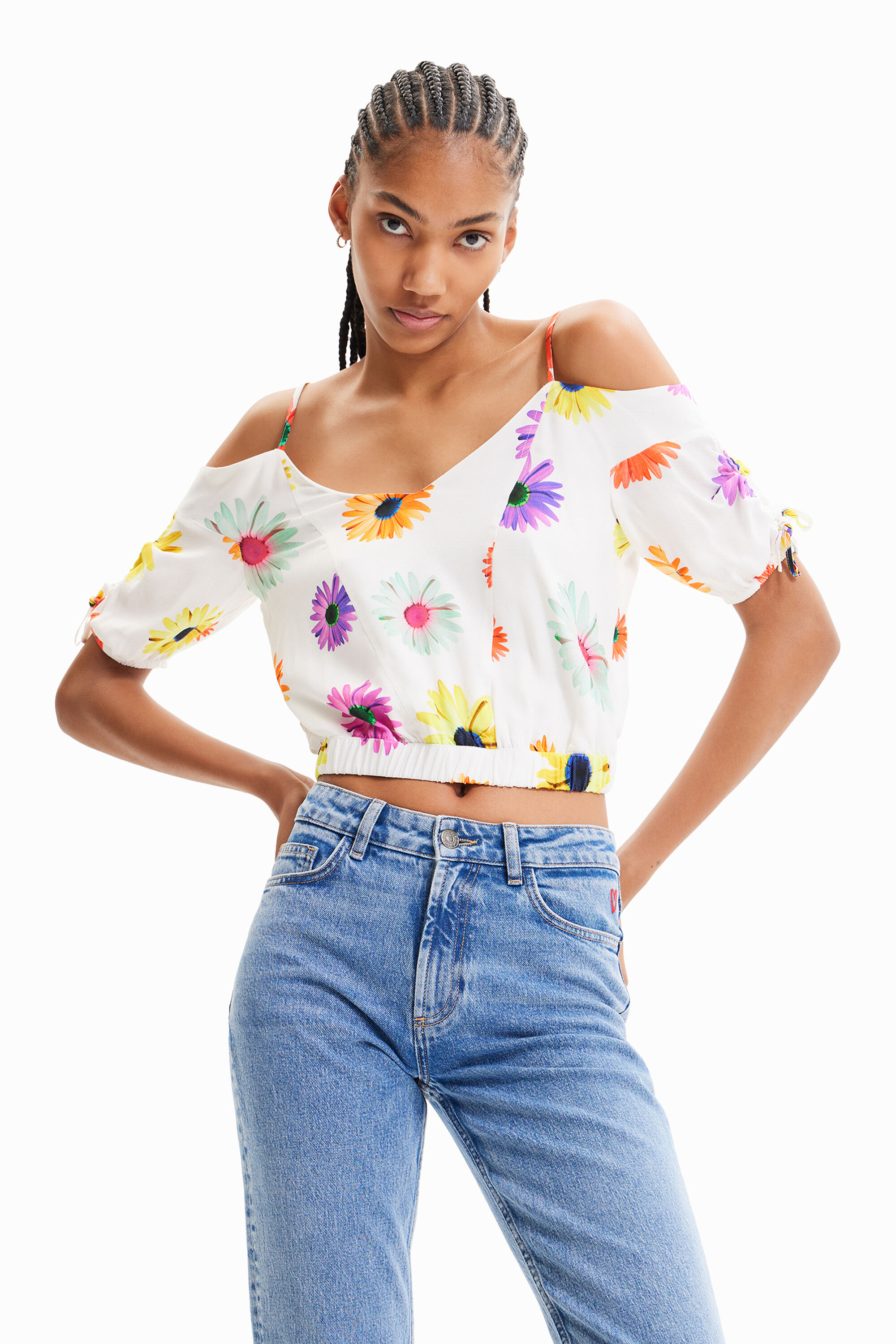 Desigual Short Gathered Floral Blouse In White