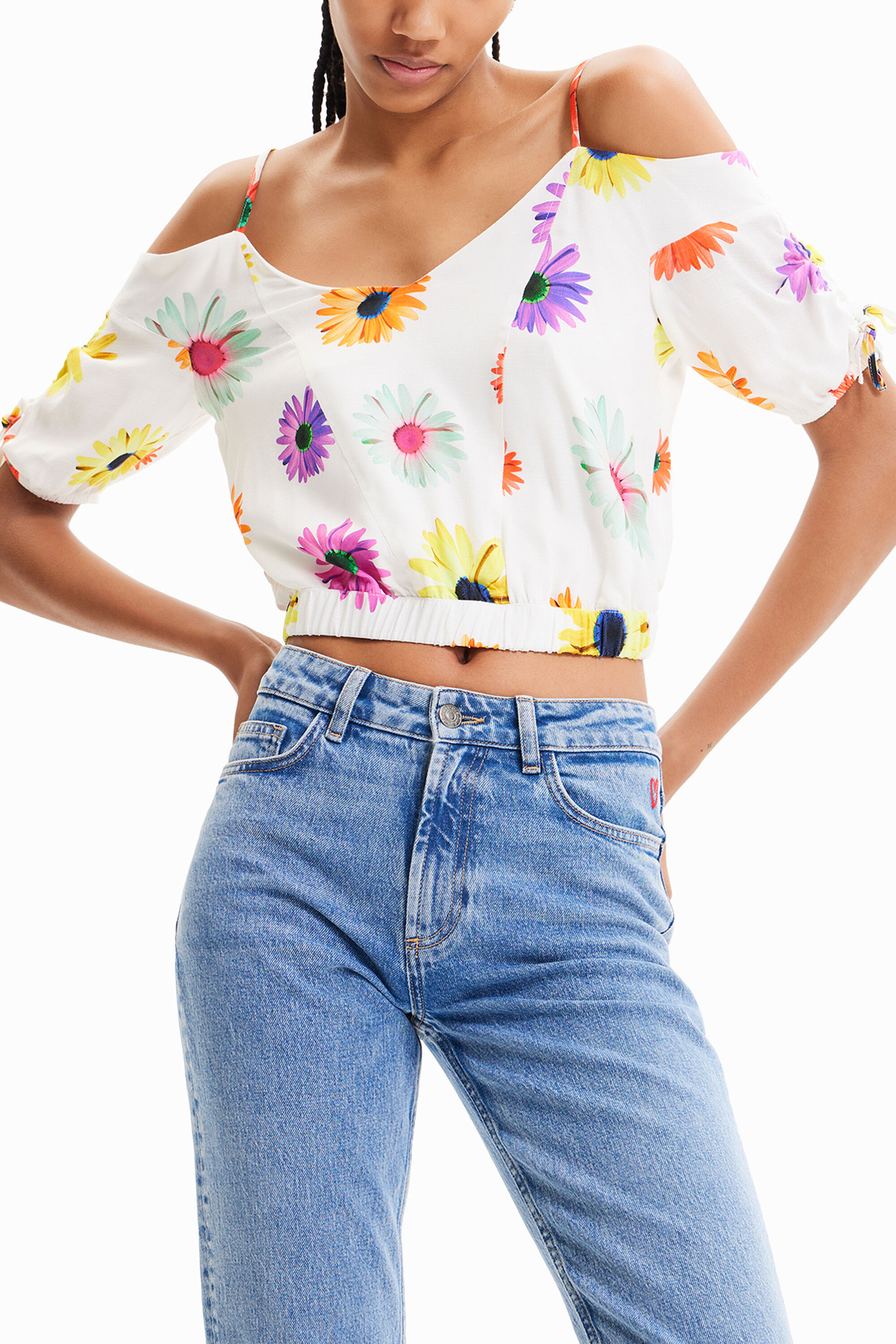 Desigual Short Gathered Floral Blouse In White