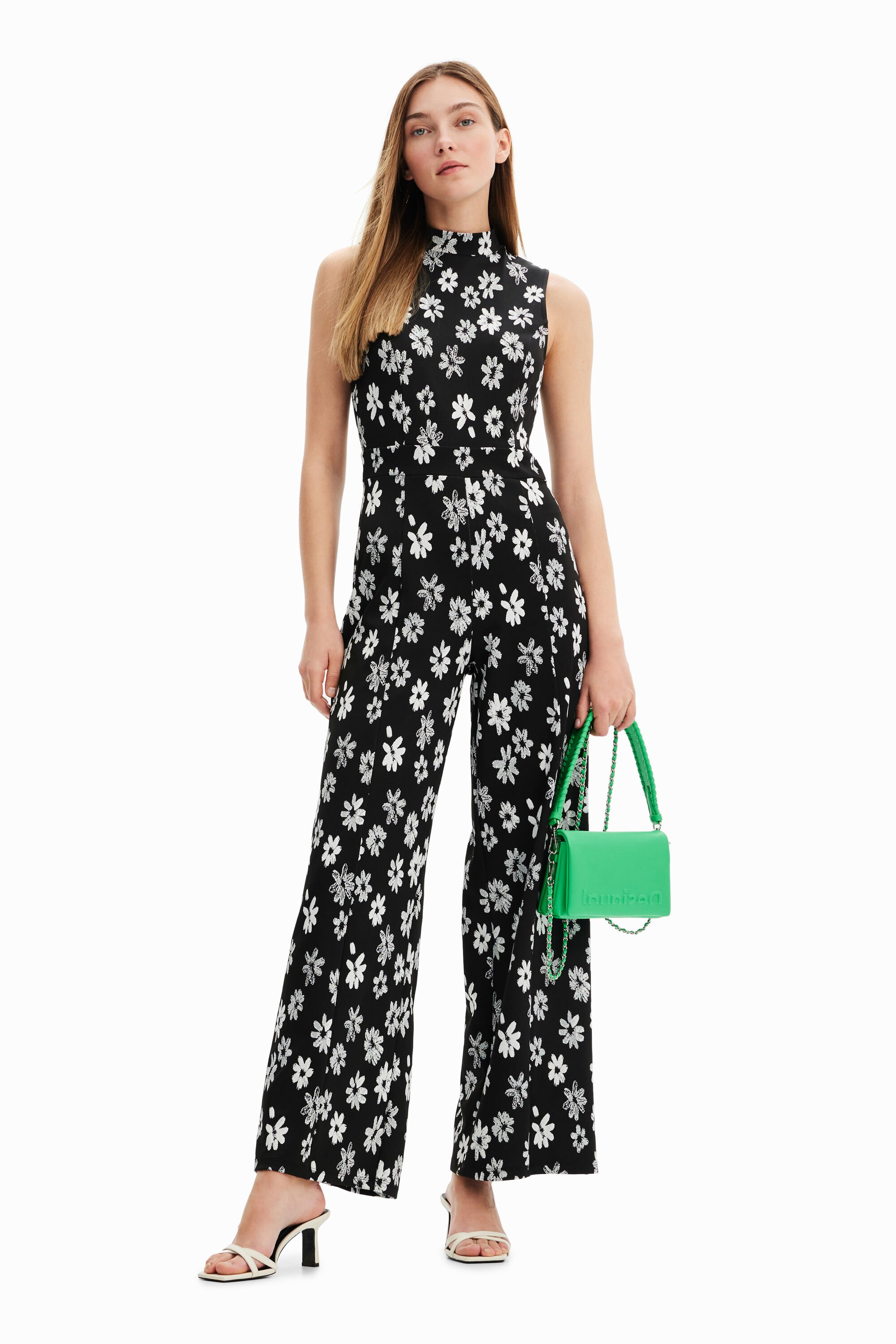 Contrast floral jumpsuit - BLACK - M