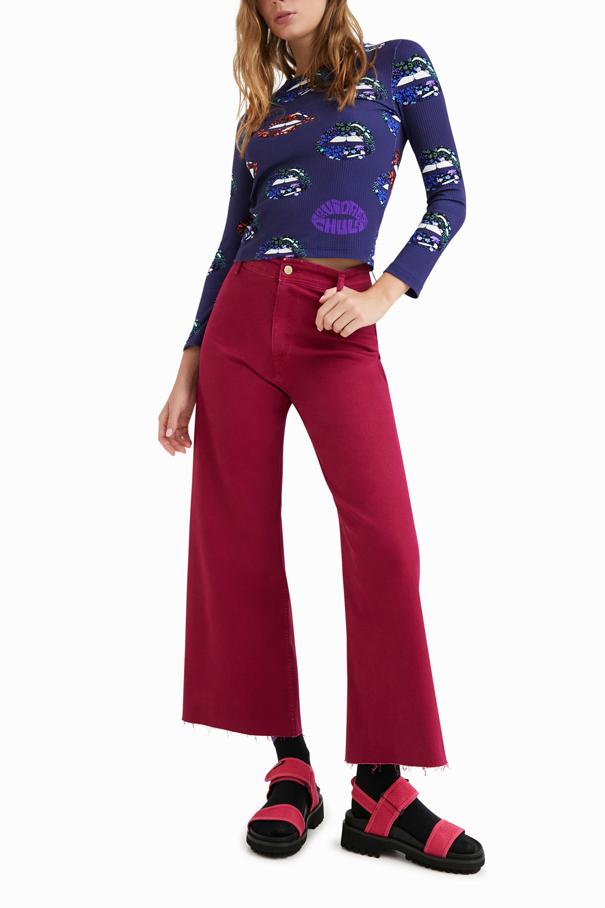 Desigual Back Neckline Ribbed T-shirt In Red