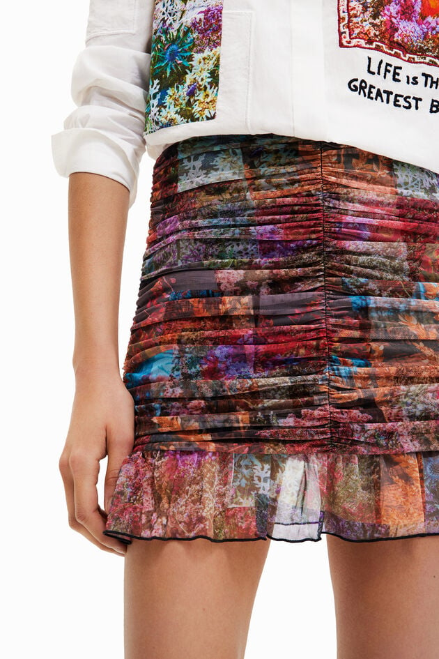 Draped floral patchwork mini skirt