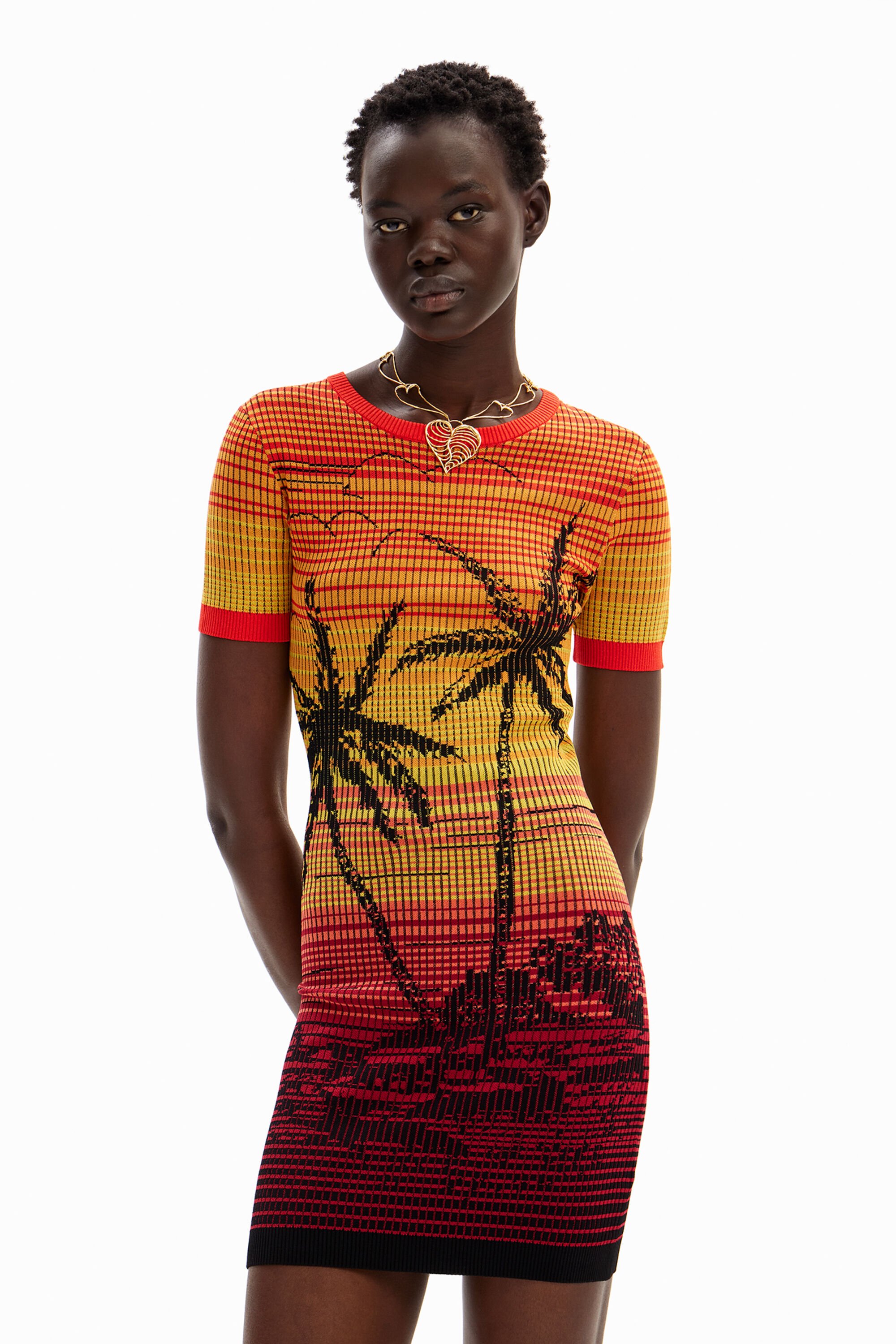Short knit palm tree dress - RED - XL