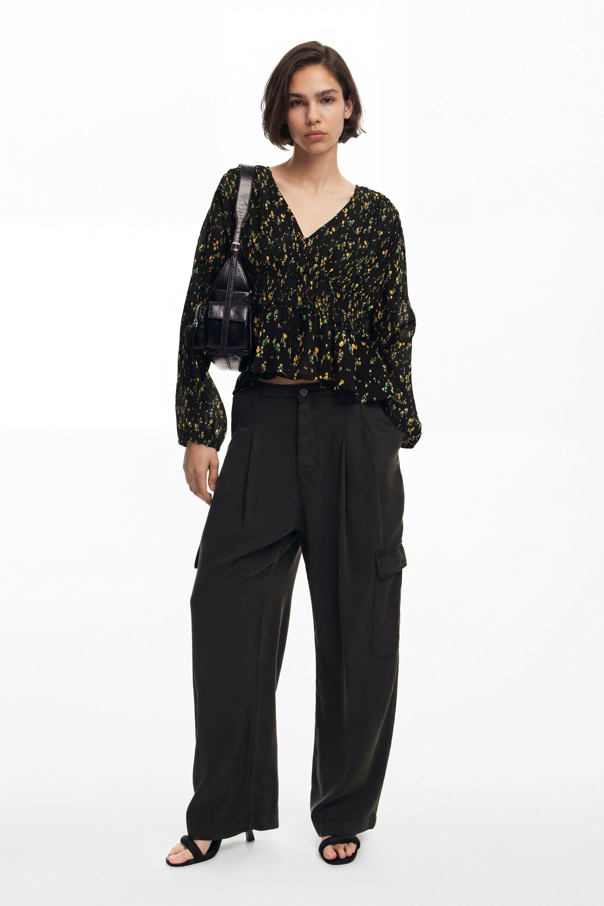Desigual, Blusa estampado flores, Poliester, Negro