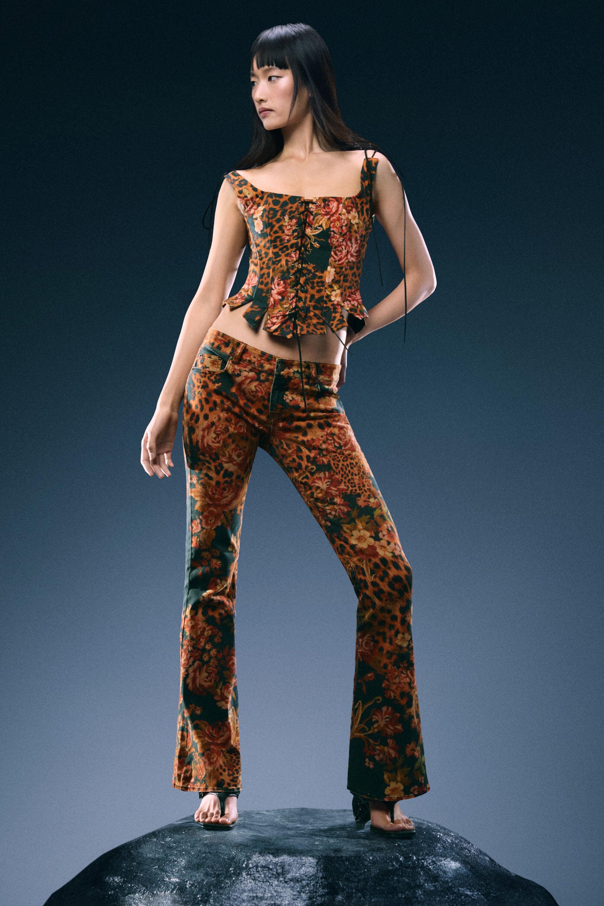pantalón vaquero flare estampado, Mujer, Algodon, Azul,