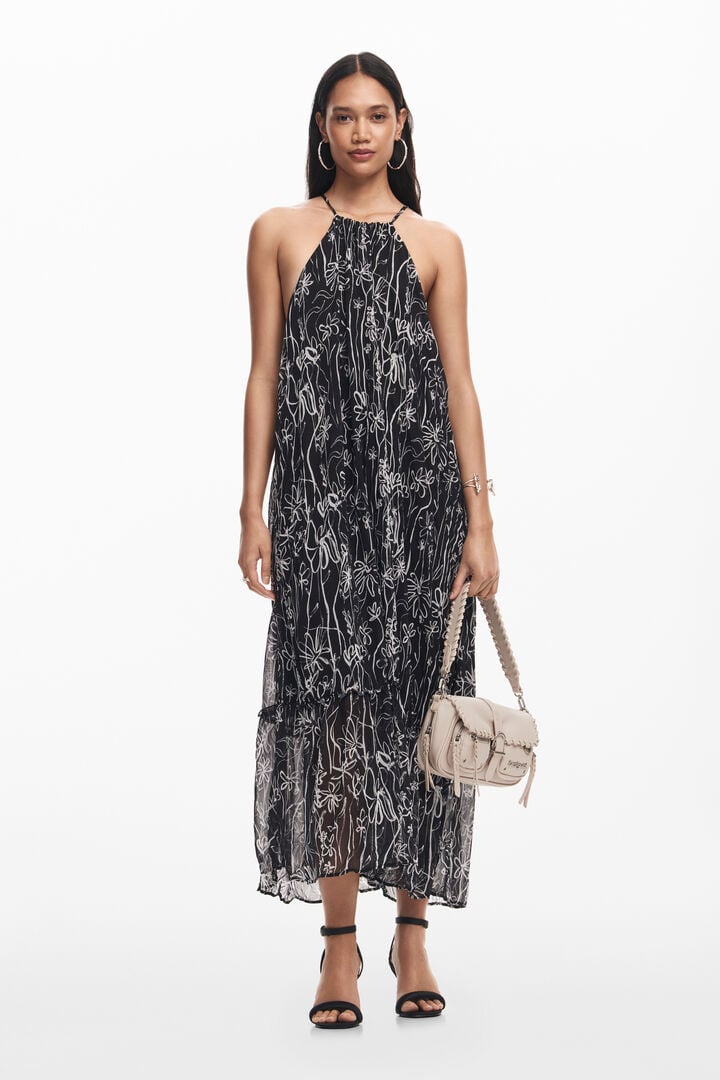 Halter dress with floral illustrations