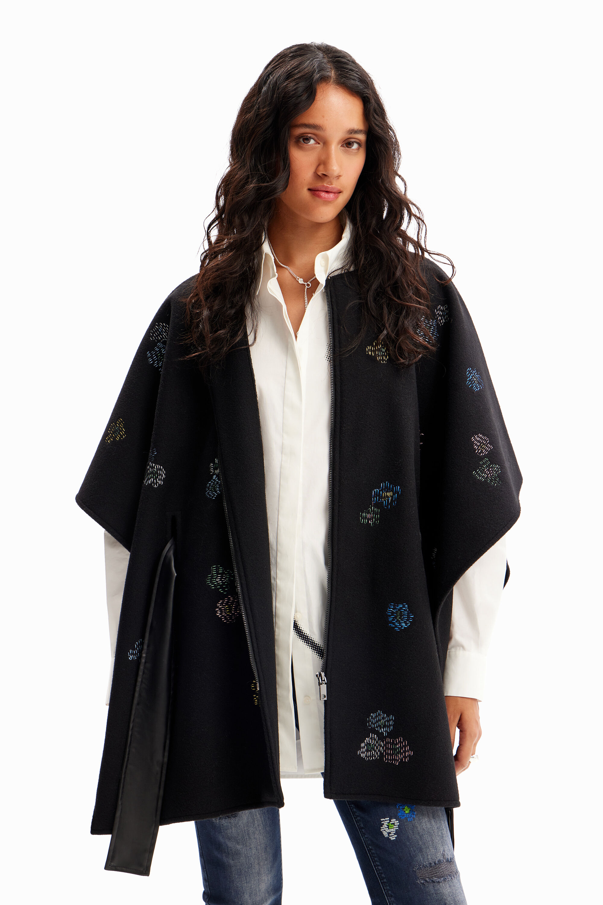 Desigual Embroidered belted poncho