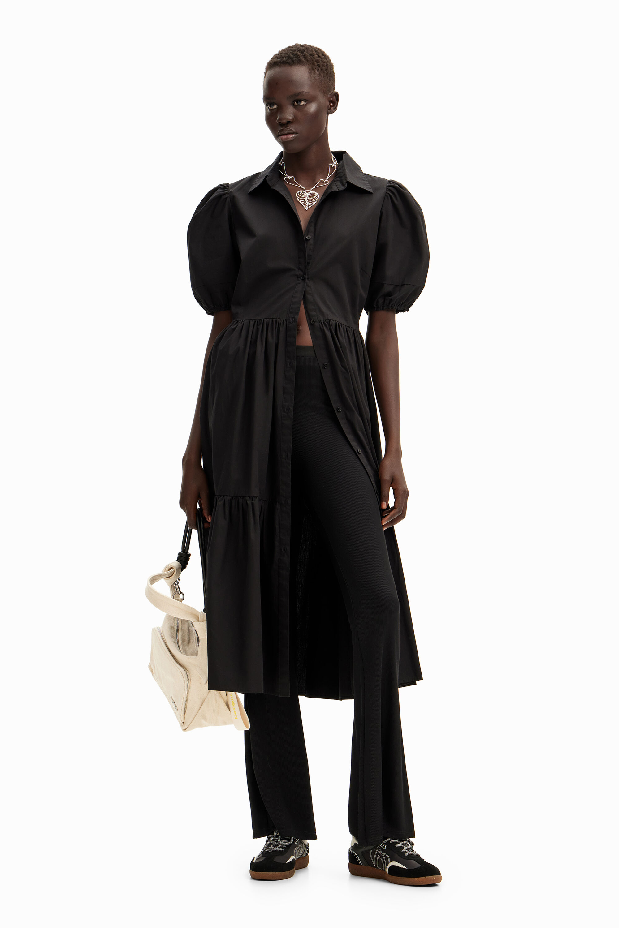 Poplin midi shirt dress - BLACK - S