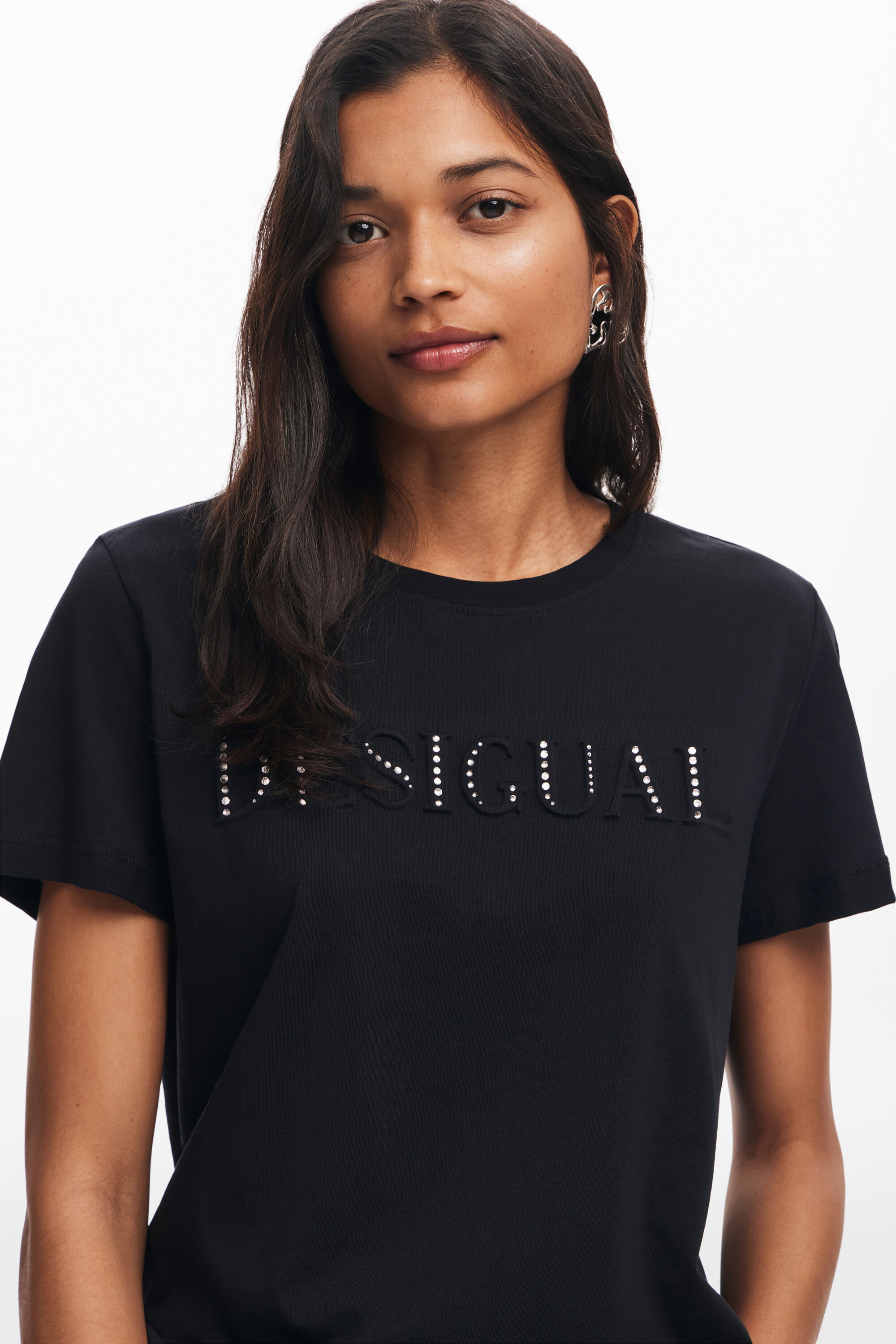 Desigual Women s T Shirt with Rhinestone Logo Black T shirts