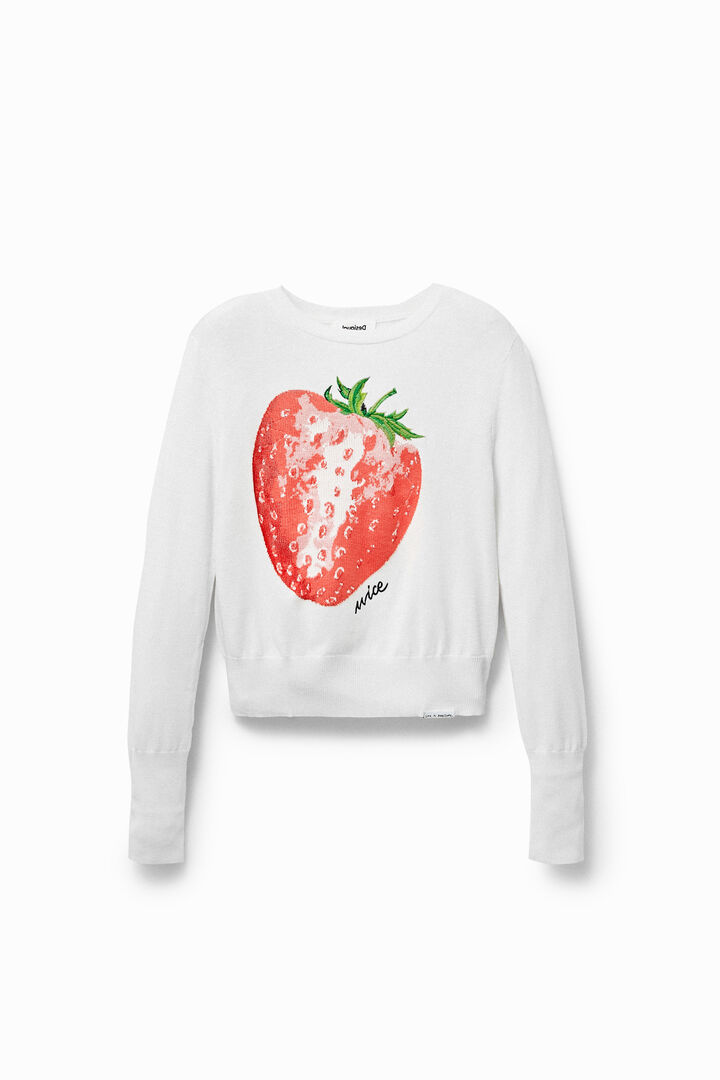 Weißer Cropped Pullover mit Erdbeere