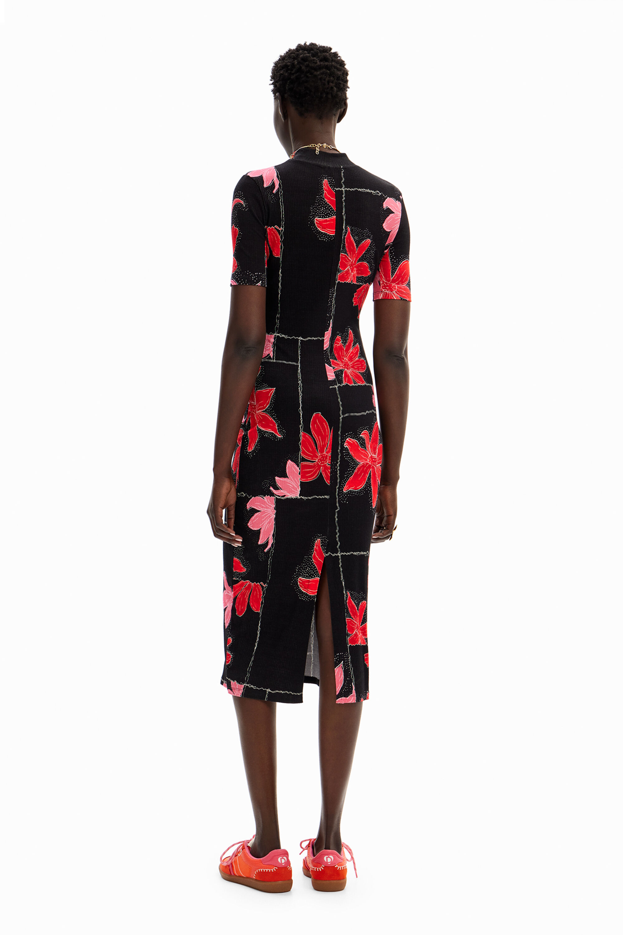 Desigual Ribbed Floral Midi Dress In Red