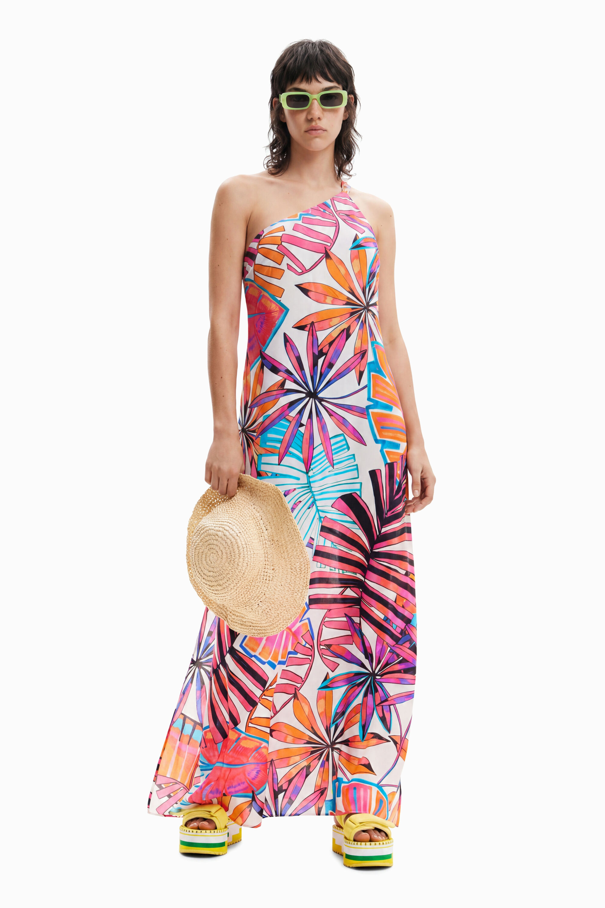 Desigual, Vestido midi asimétrico tropical, Viscosa, Blanco