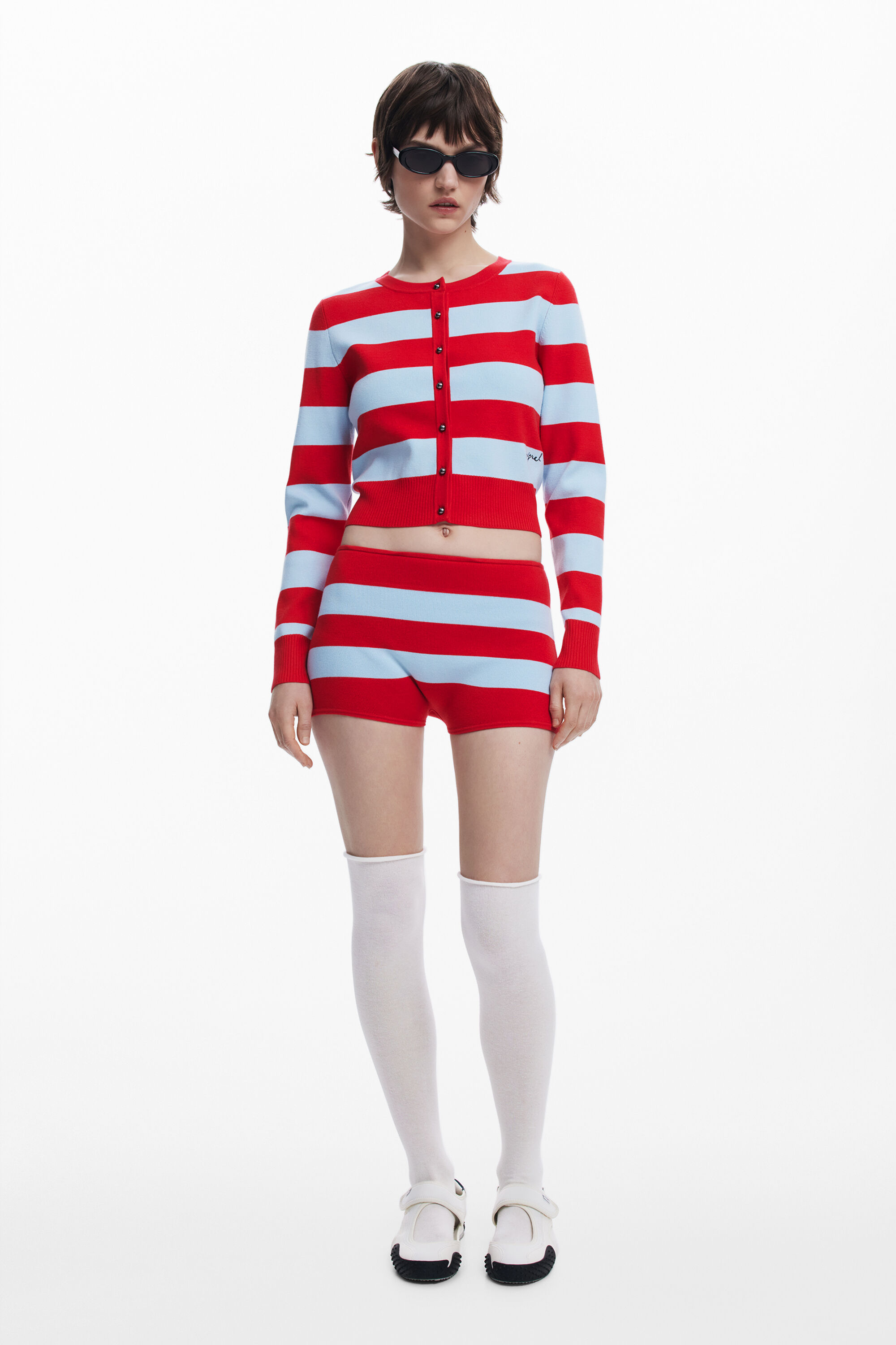 Desigual リブストライプカーディガン In Red