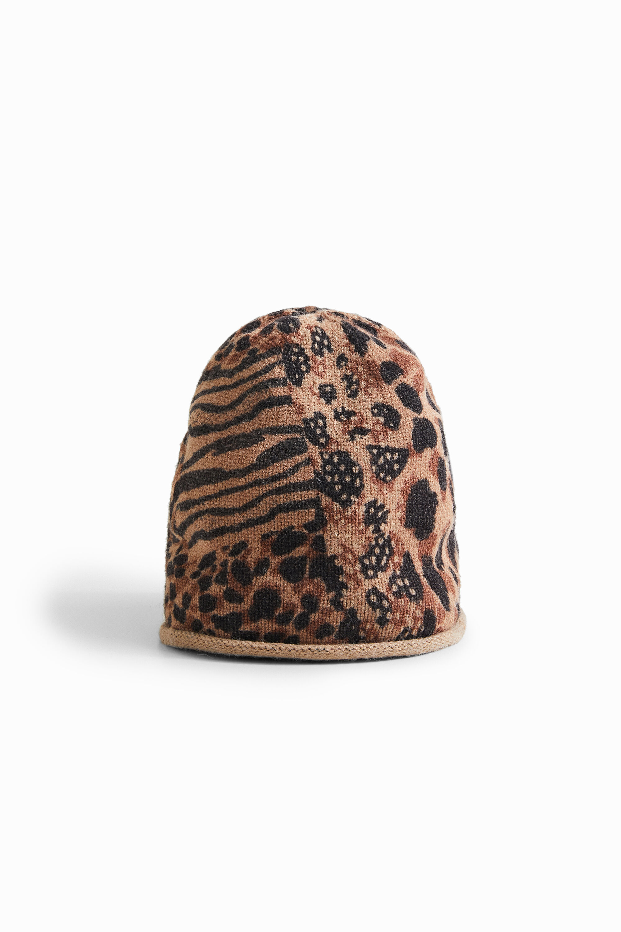 Desigual Knit Hat Patch Animal Print In Brown