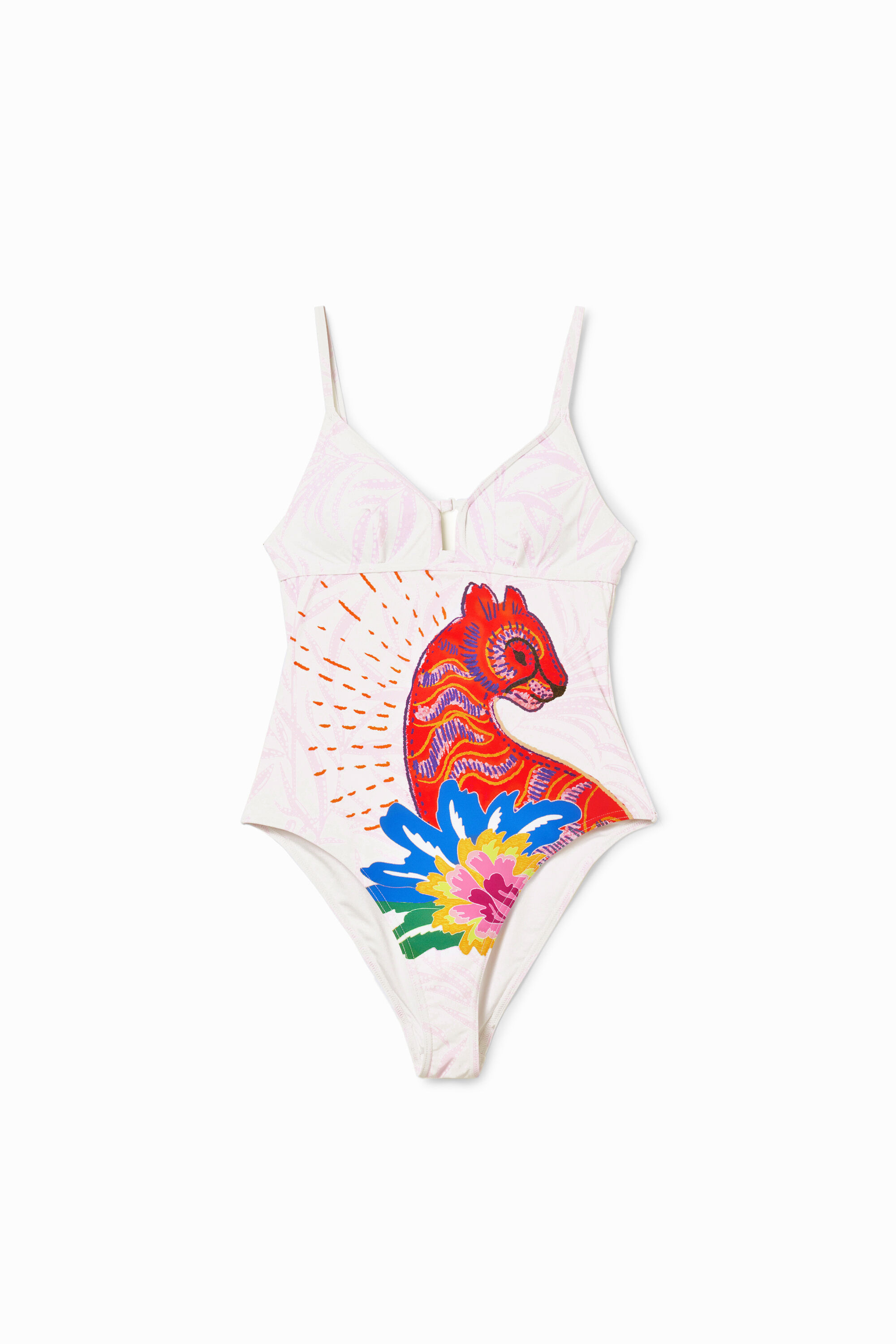 Desigual, Trägerbadeanzug katzenartige Tiere, Weiß, M