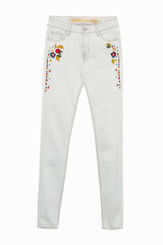 Desigual Pantalon Jeans Long Femme - Denim Brodé Fleurs Taille Régulière - Style Bohème Chic