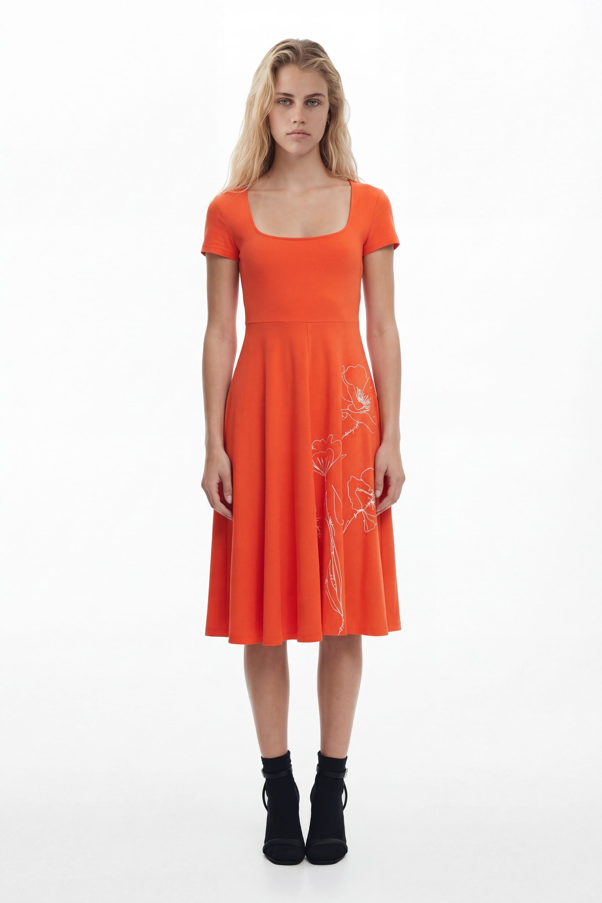 Vestido midi escotado, Algodon, Naranja, M