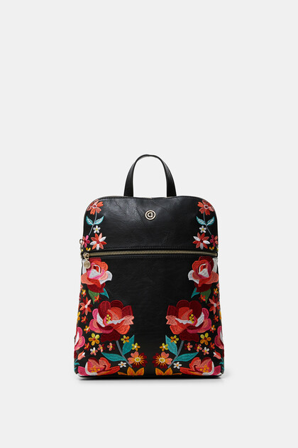 Synthetic leather embroidered floral backpack