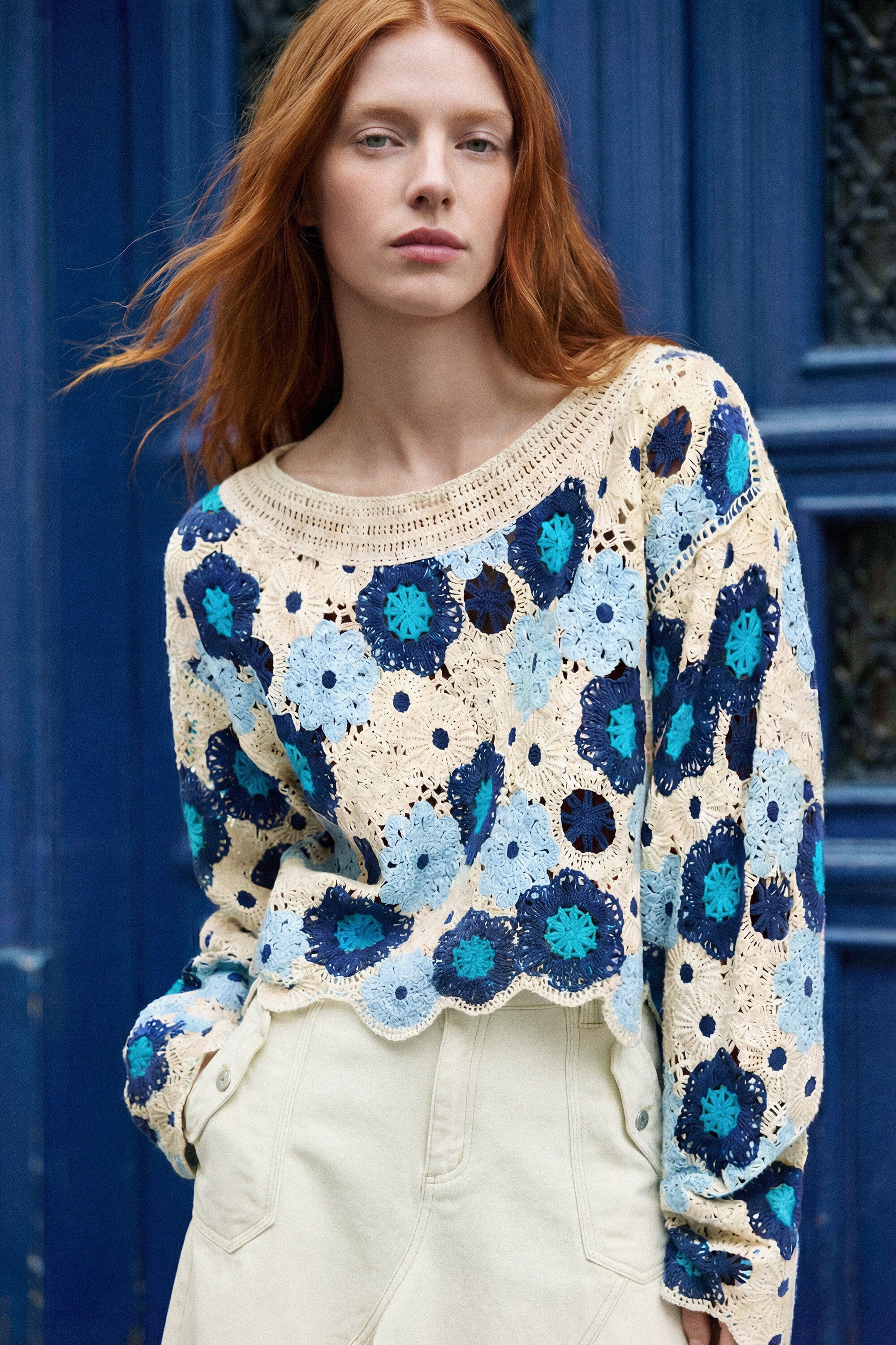 Desigual, Häkeln-pullover blumen, Damen, Blau, S