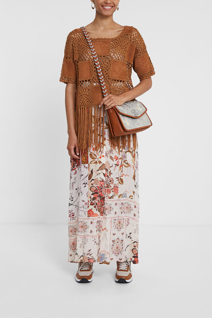 Pull patch en crochet, cuir et à franges | Desigual