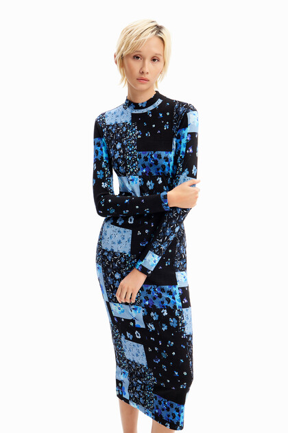 Geribde midi-jurk met bloemen