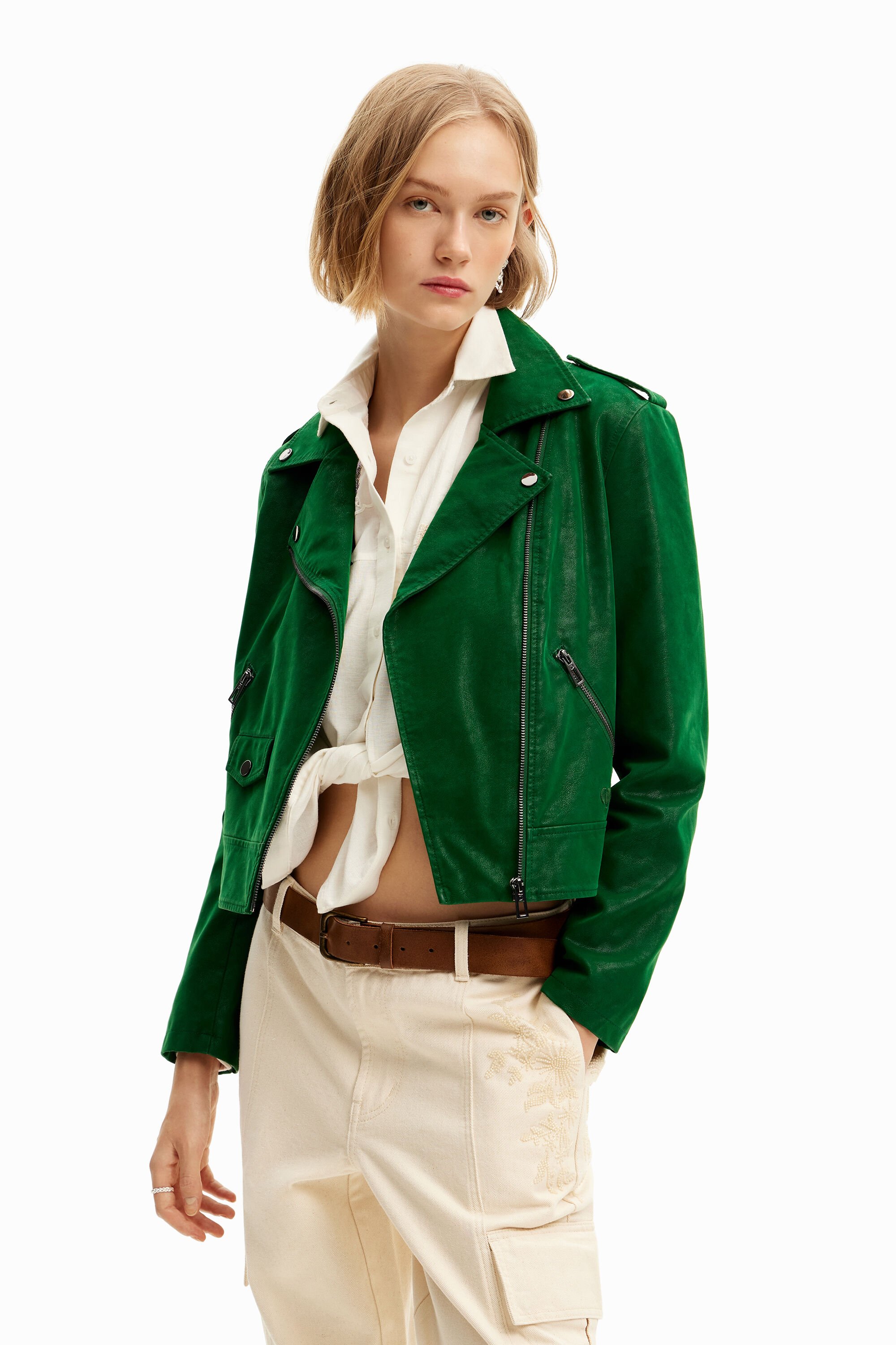 Shop Desigual Textured Biker Jacket In Green