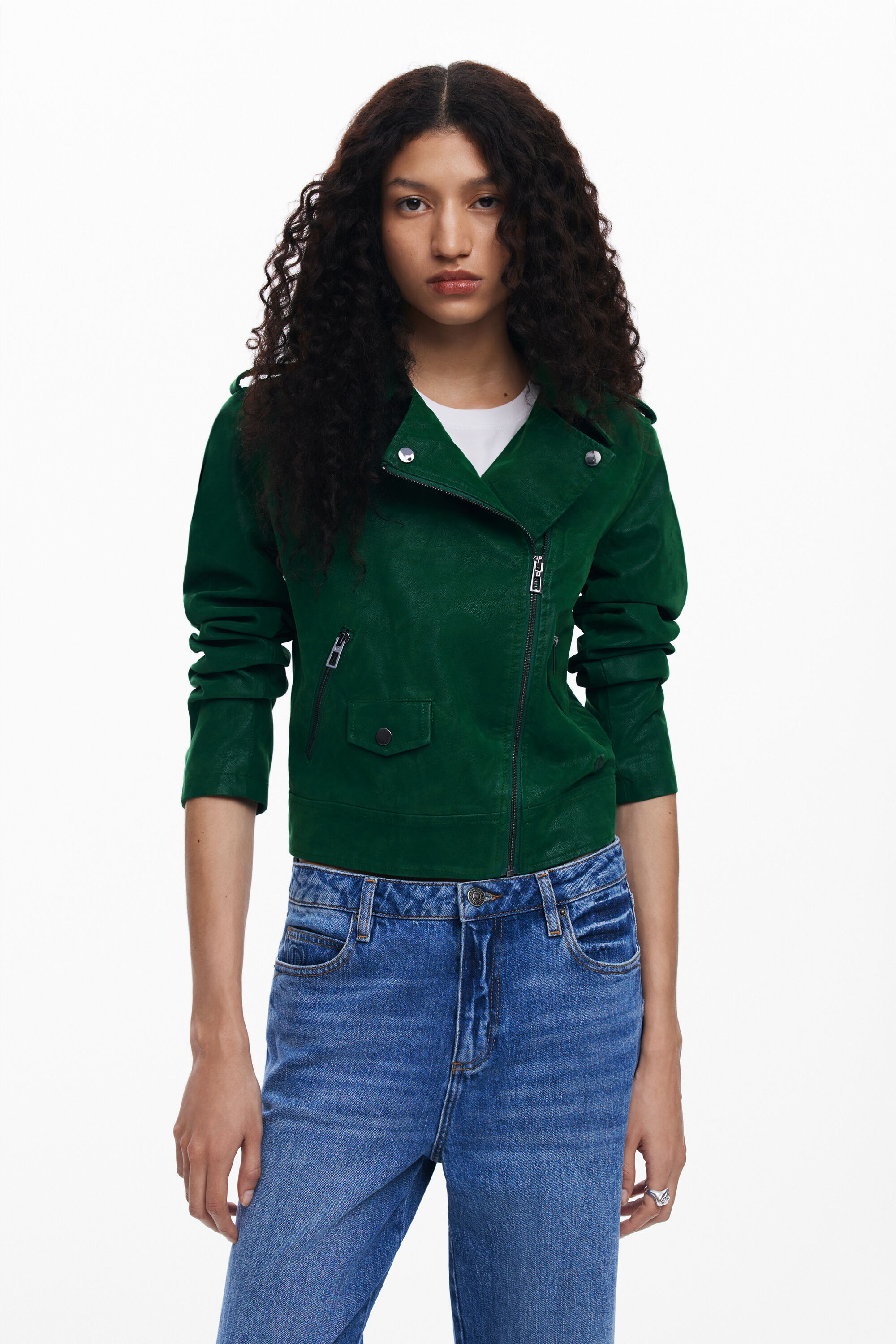 Shop Desigual Textured Biker Jacket In Green