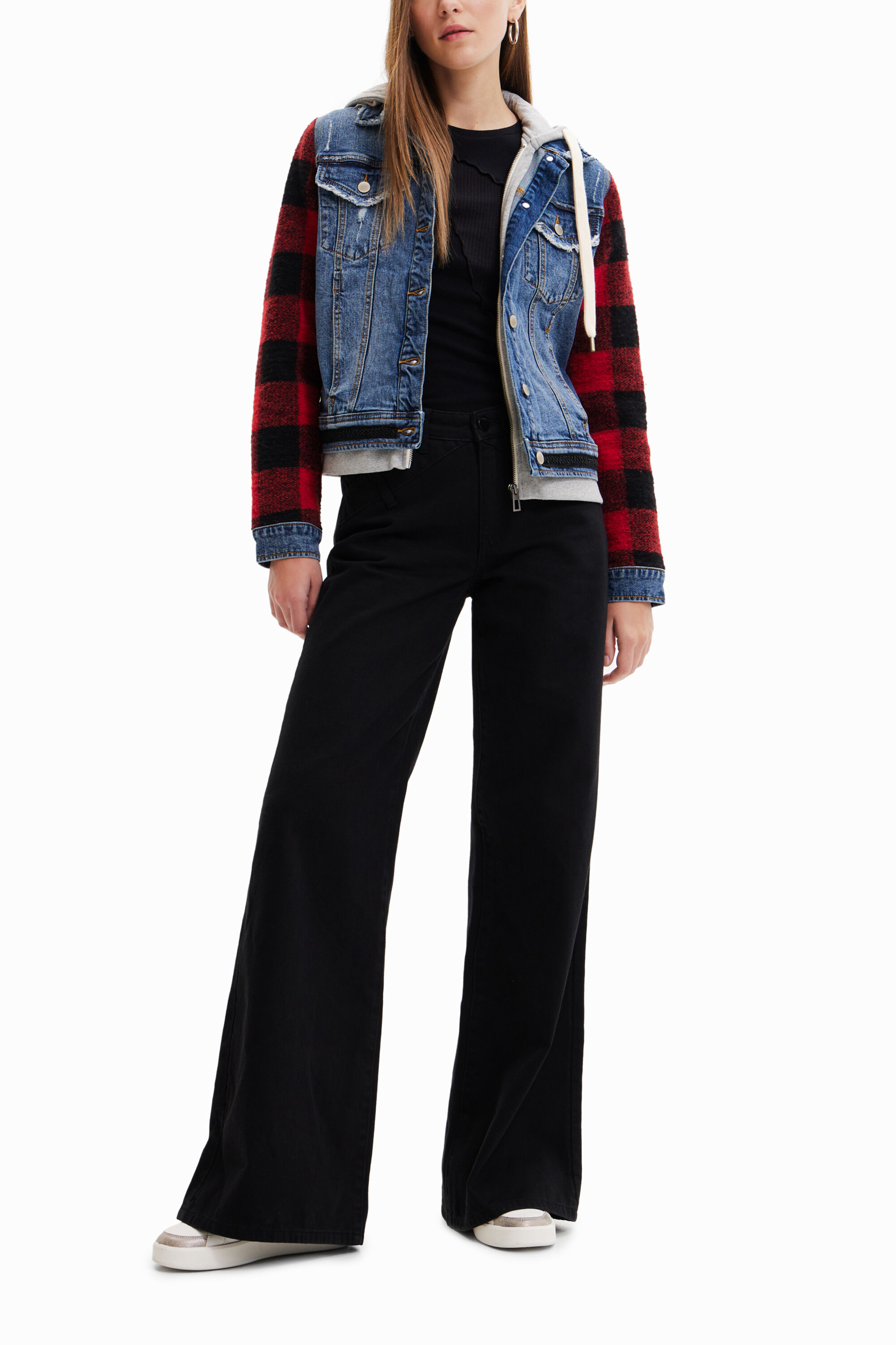 Denim jacket with plaid sleeves 