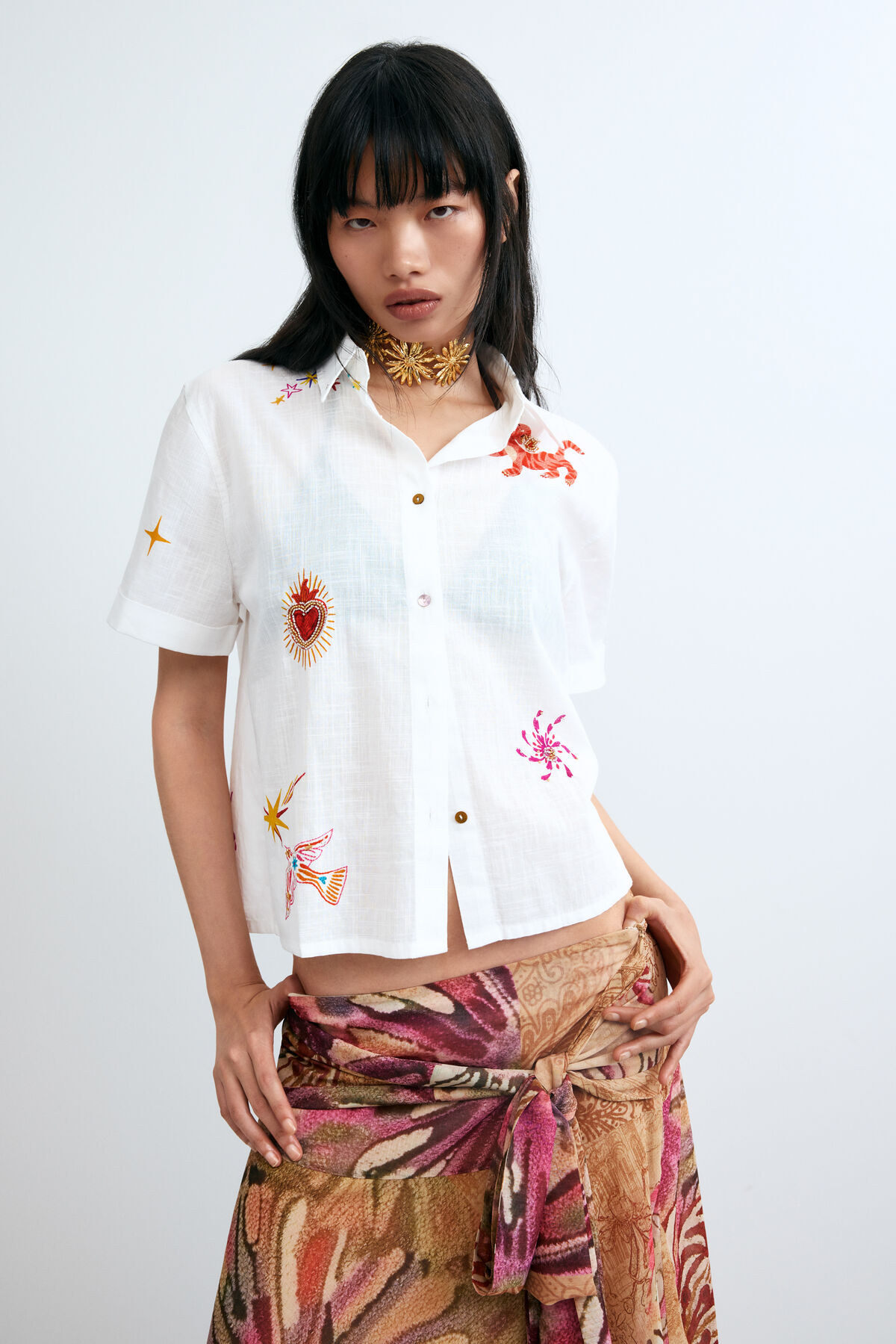 Embroidered short-sleeve shirt white Women