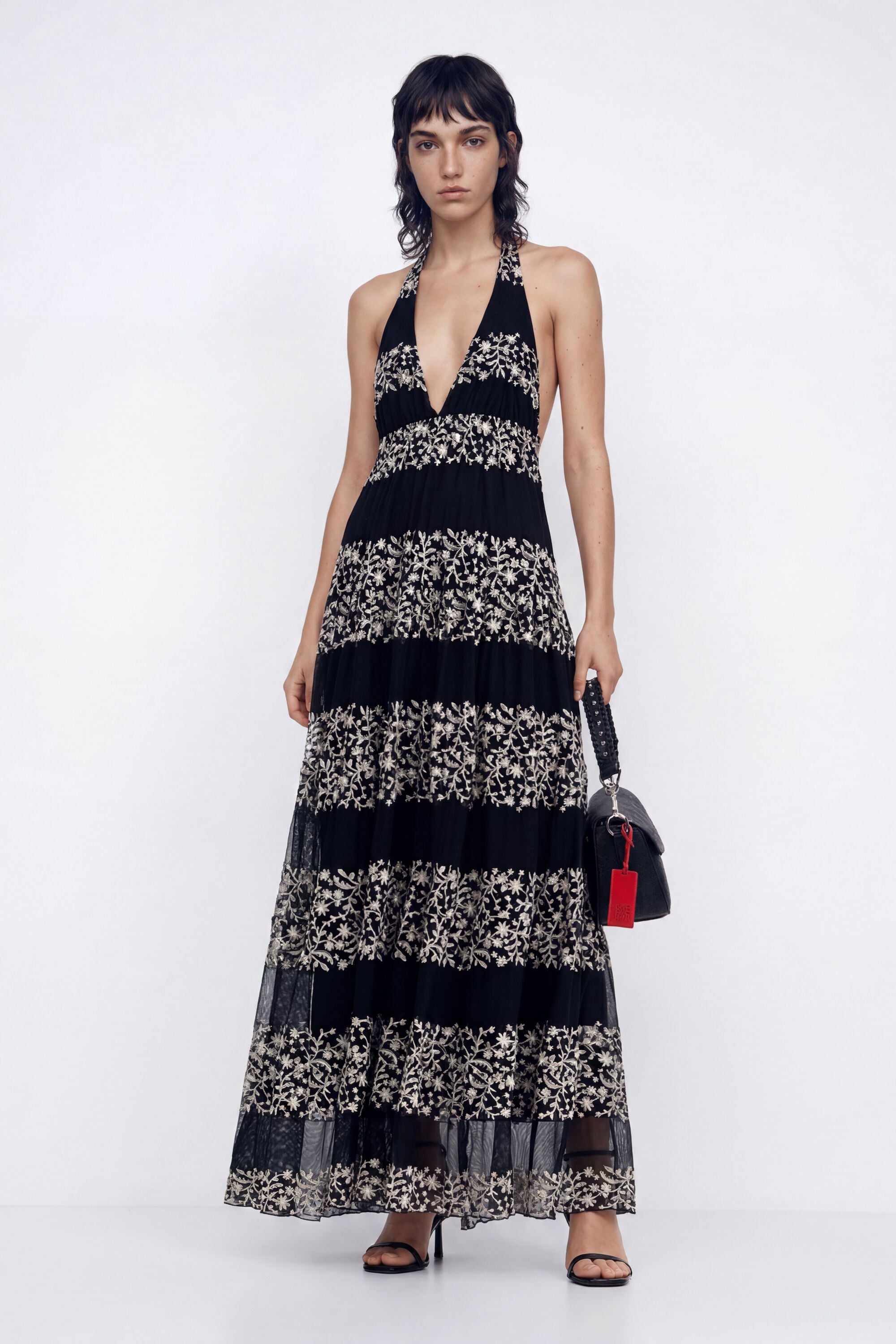 Desigual, Vestido maxi bordados, Poliester, Negro
