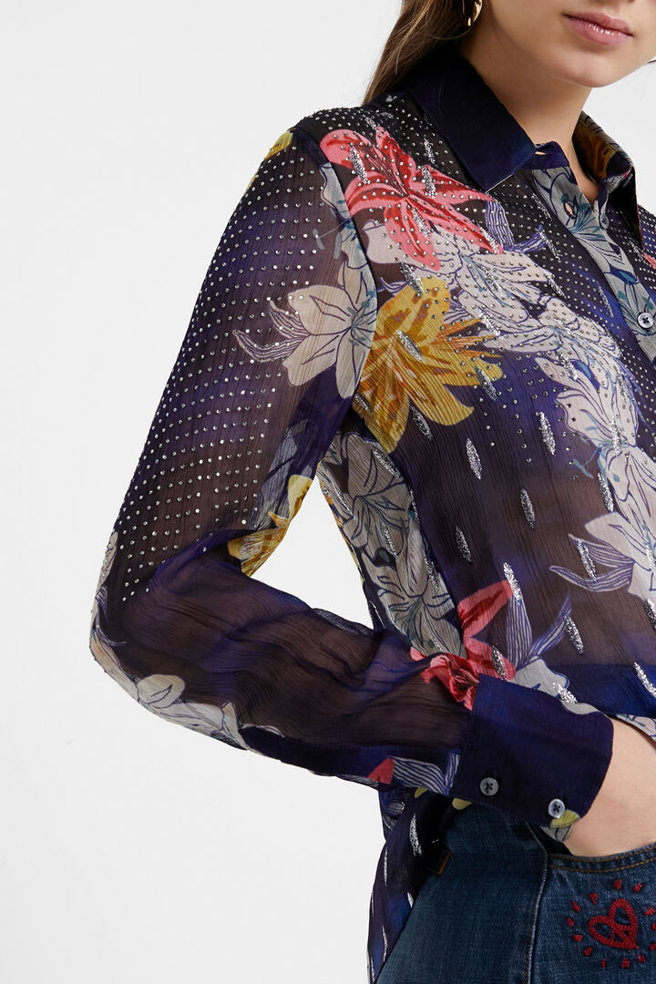Camisa floral con transparencias y pedrería | Desigual