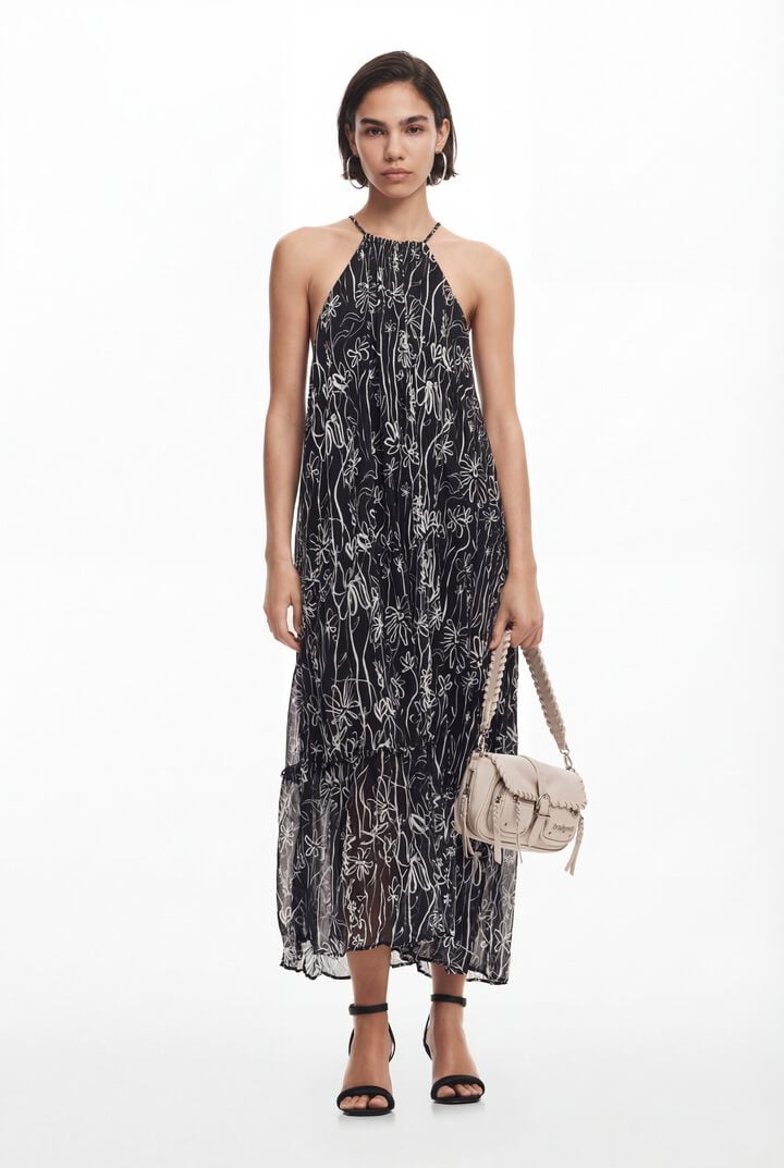 Halter dress with floral illustrations | Desigual
