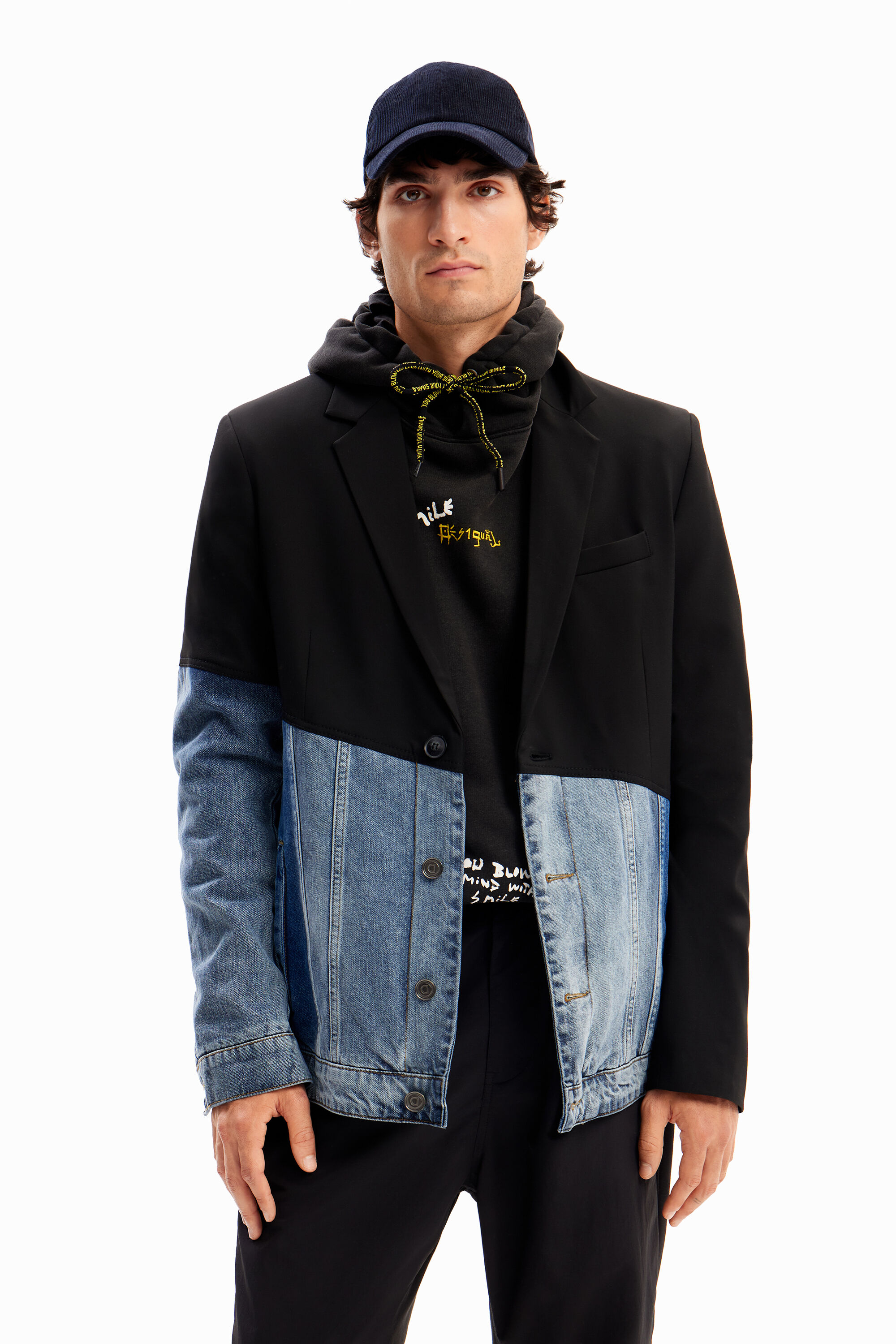 Bimaterial denim blazer - BLACK - 56