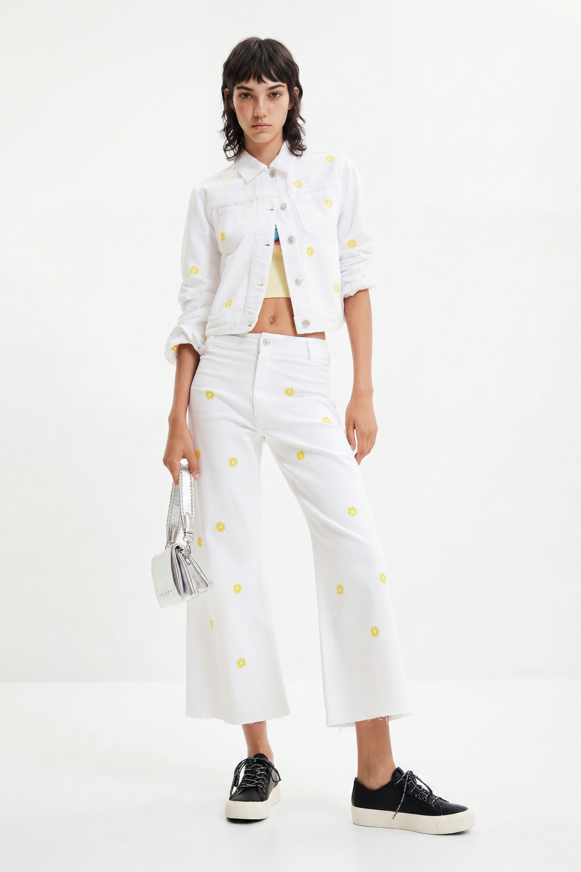 Desigual, Vaqueros Culotte cropped margaritas, Algodon, Blanco
