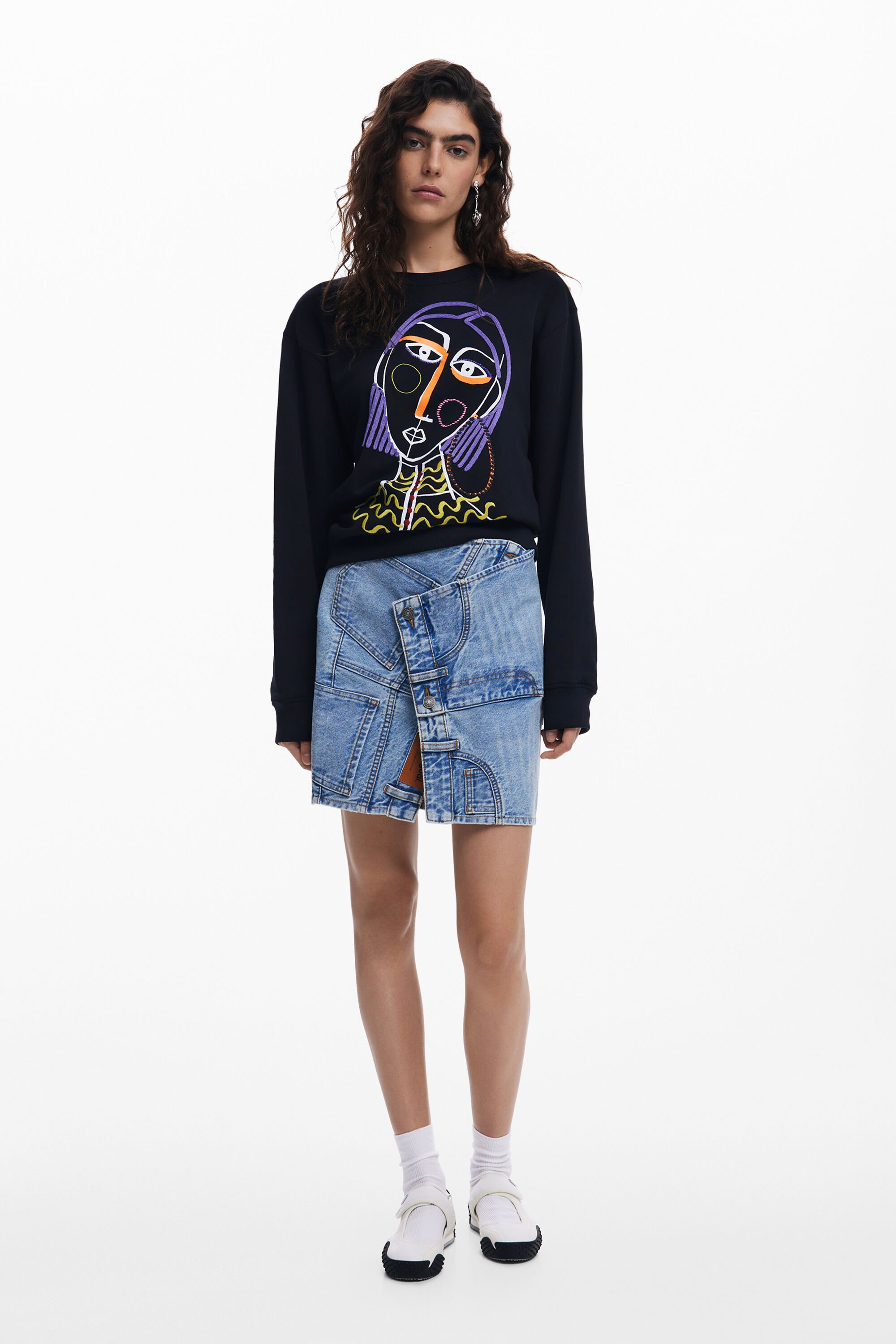 Desigual Embroidered Face Design Cotton Sweatshirt In Black