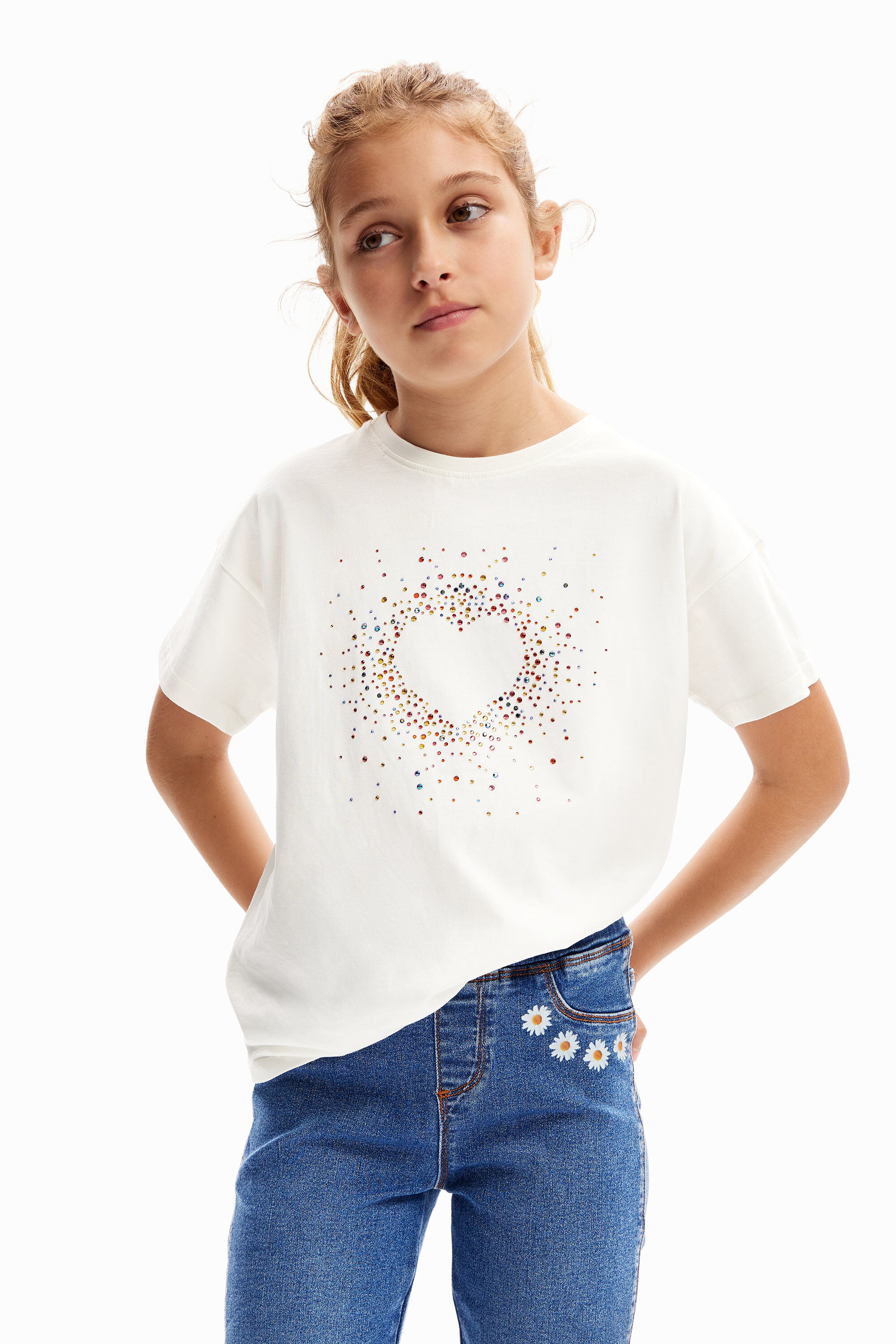 Rhinestone heart T-shirt - WHITE - 5/6