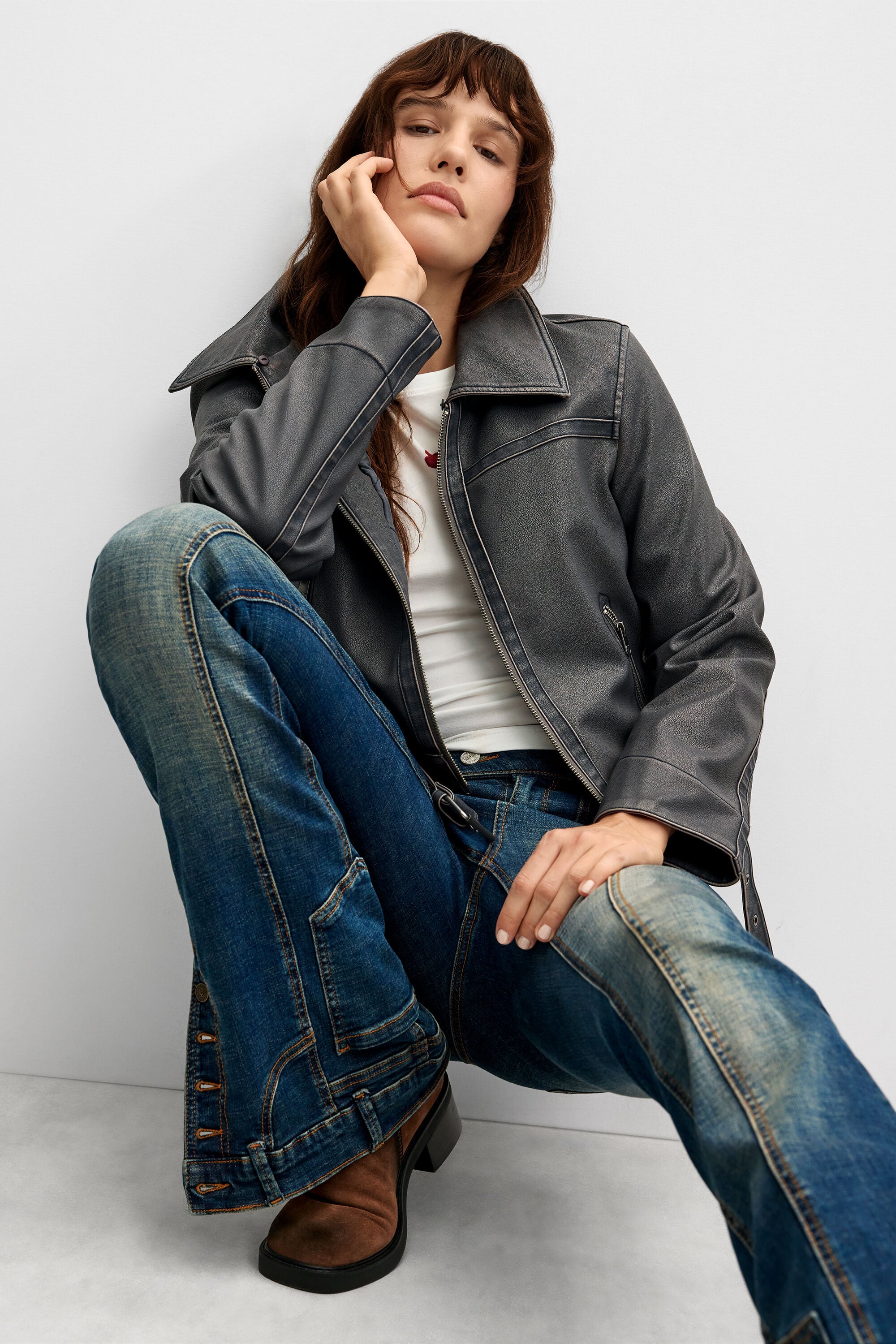 Jas met lederlook en kraag van bont - BLACK - XS