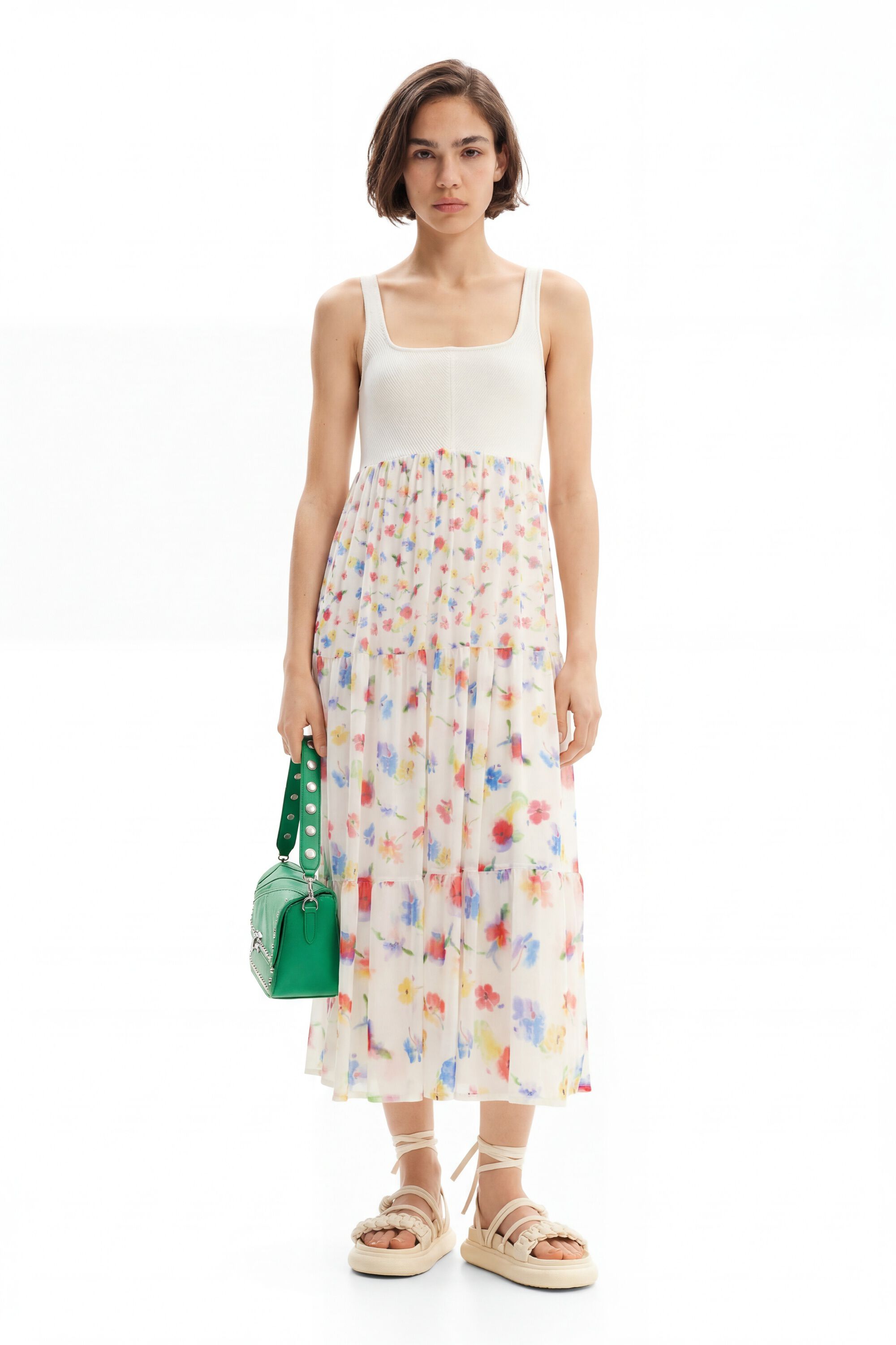 Vestido midi combinado flores - WHITE - L