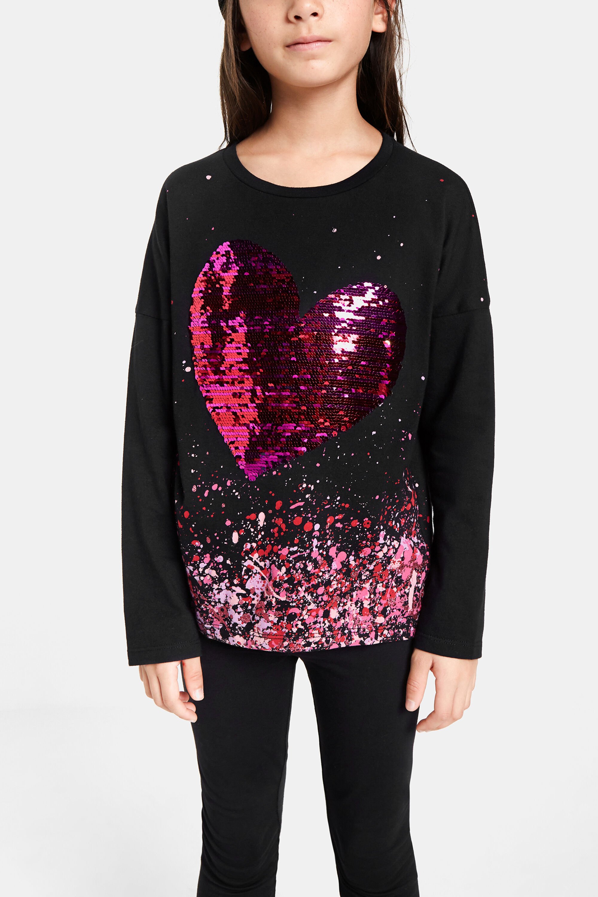 Camiseta corazón lentejuelas reversibles | Camiseta de manga larga con lentejuelas plateadas DESIGUAL