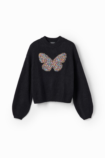 Kompaktno pleten pulover z motivom metulja