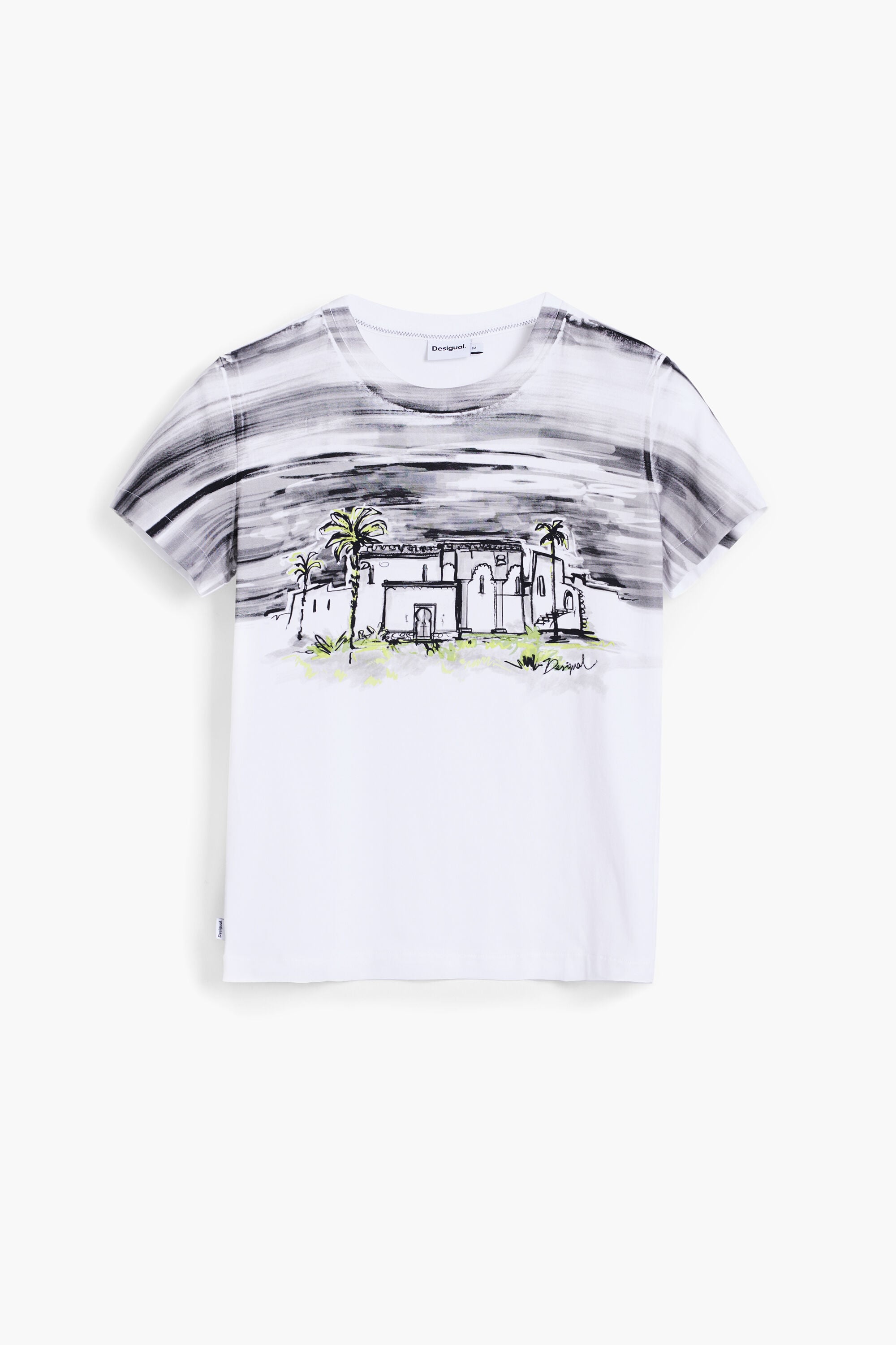Camiseta manga corta palmeras, Algodon, Negro,